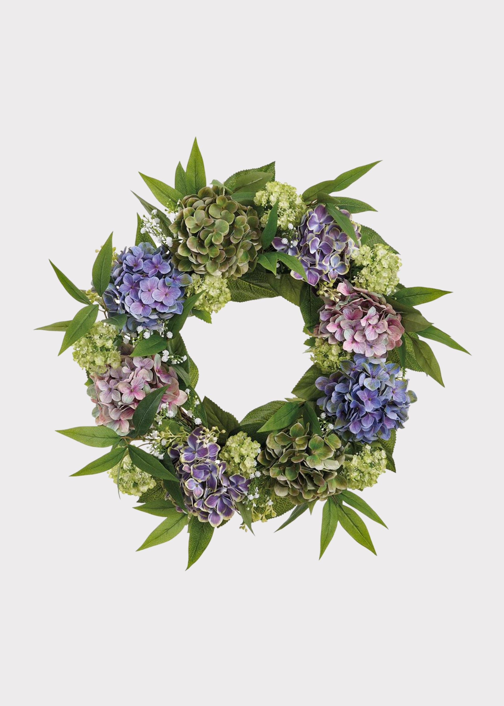 Purple Green Fake Hydrangea and Snowball Flower Wreath