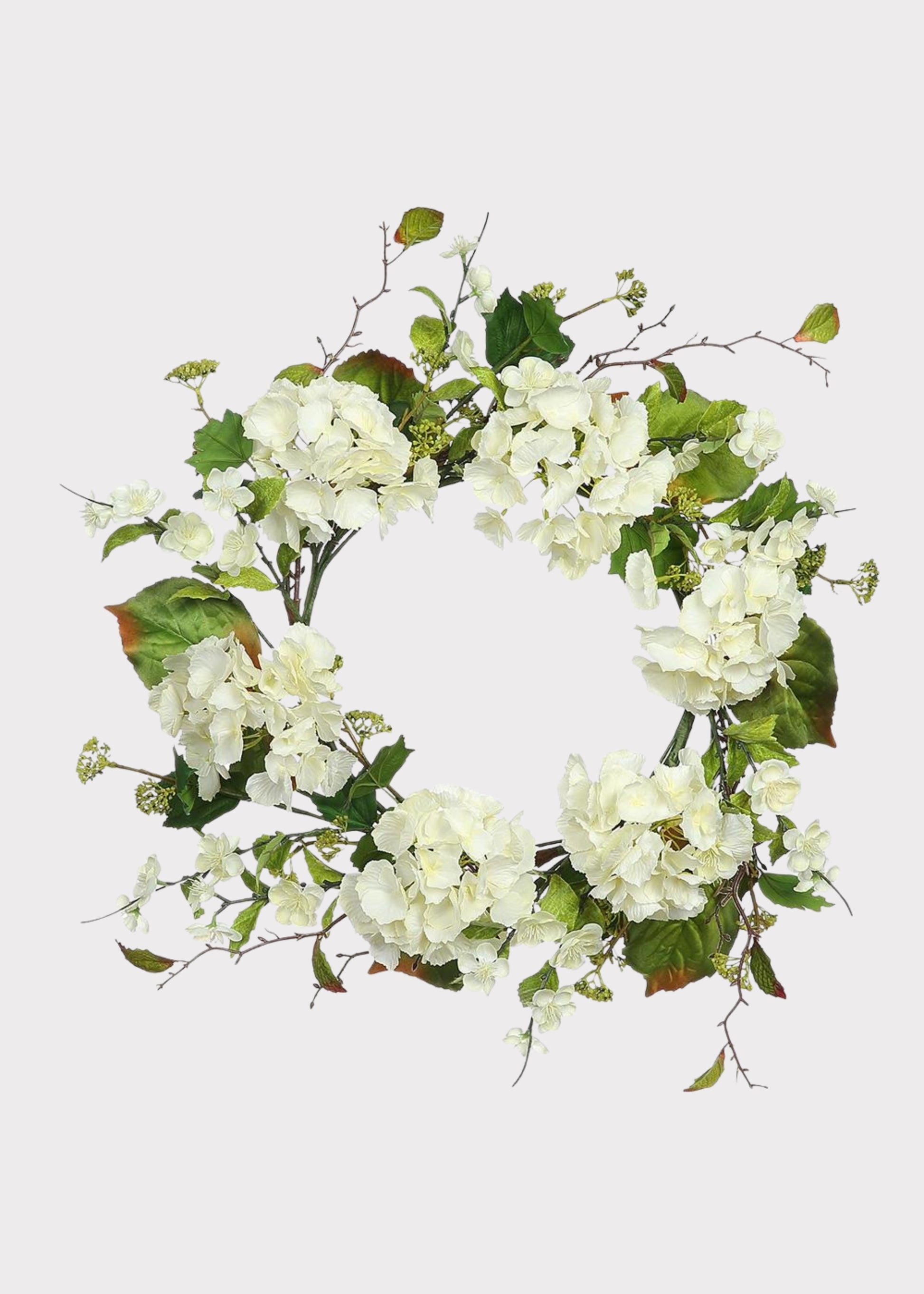 Artificial Hydrangea and Foliage Wreath in Cream Green 