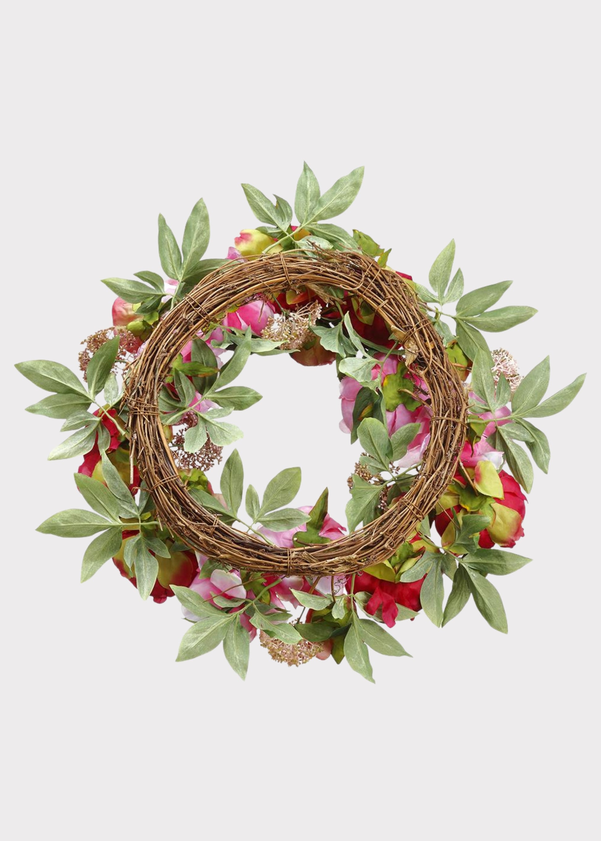 Back of Pink and Burgundy Peony Fake Flower Wreath 
