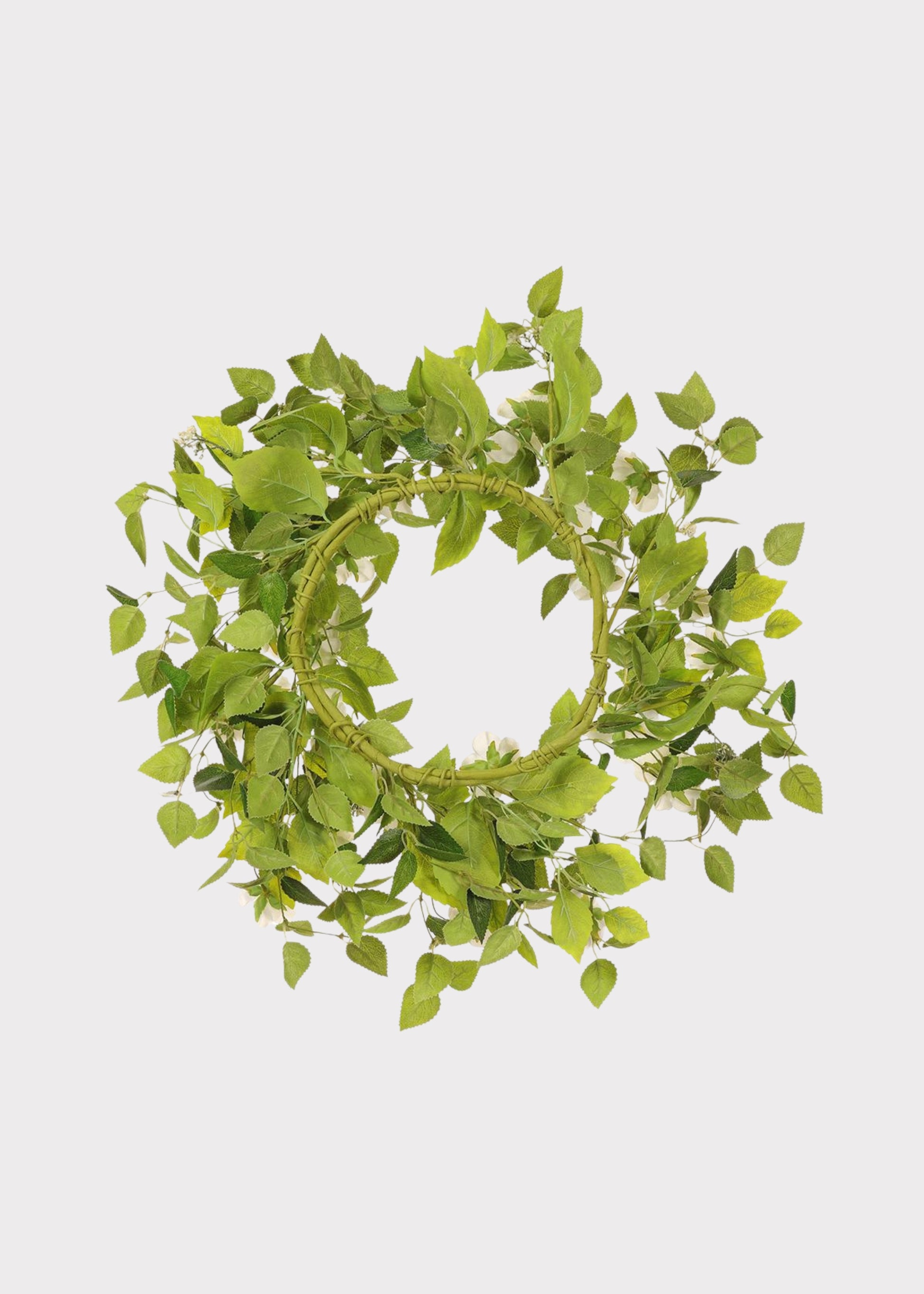 Back of White Artificial Wild Rose Flower and Leaf Wreath 