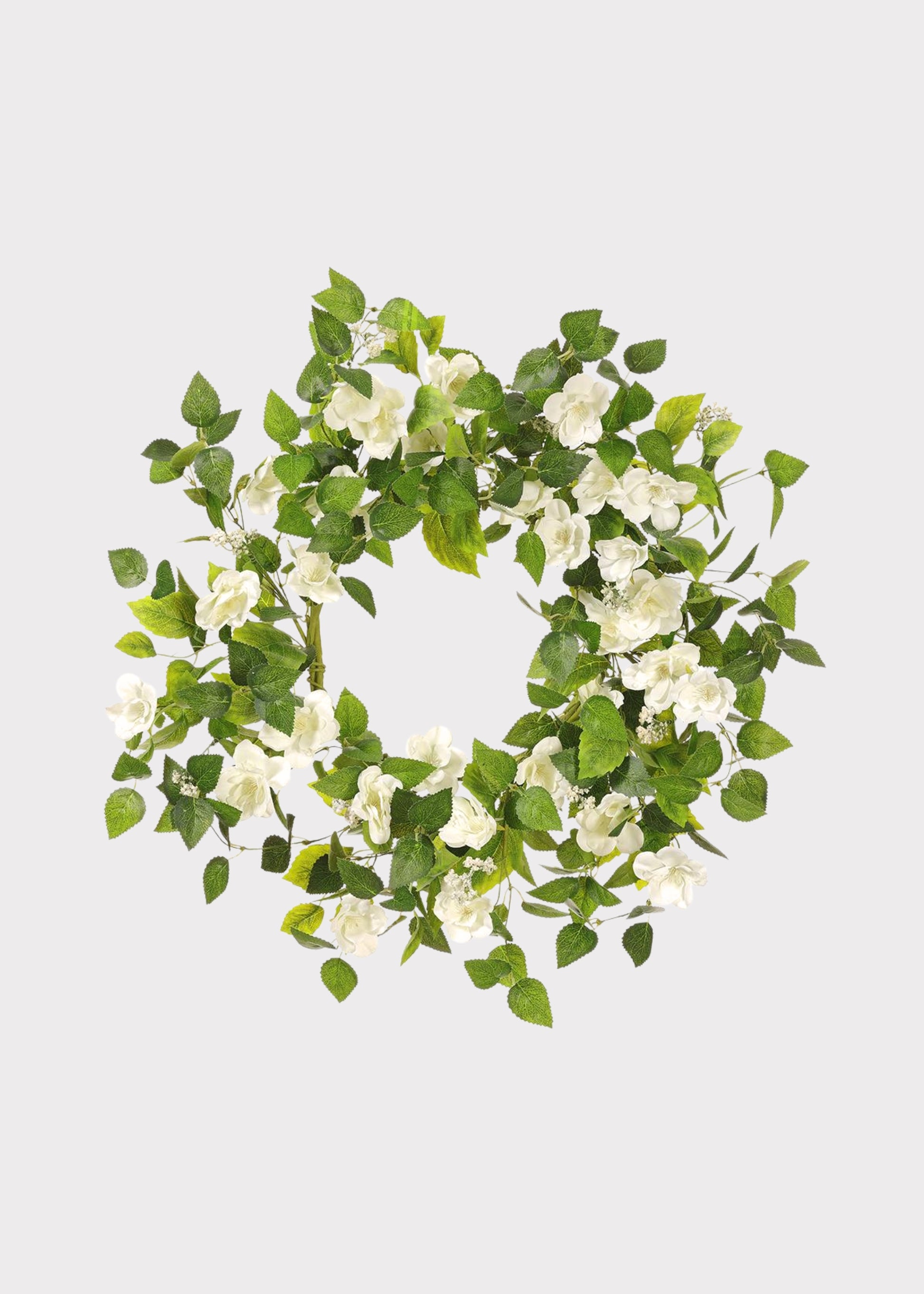 White Artificial Wild Rose Flower and Leaf Wreath 