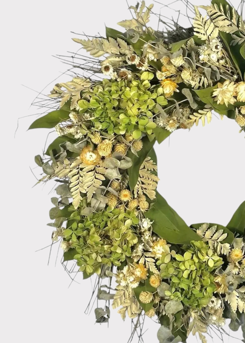 Close-up of dried hydrangea and eucalyptus wreath