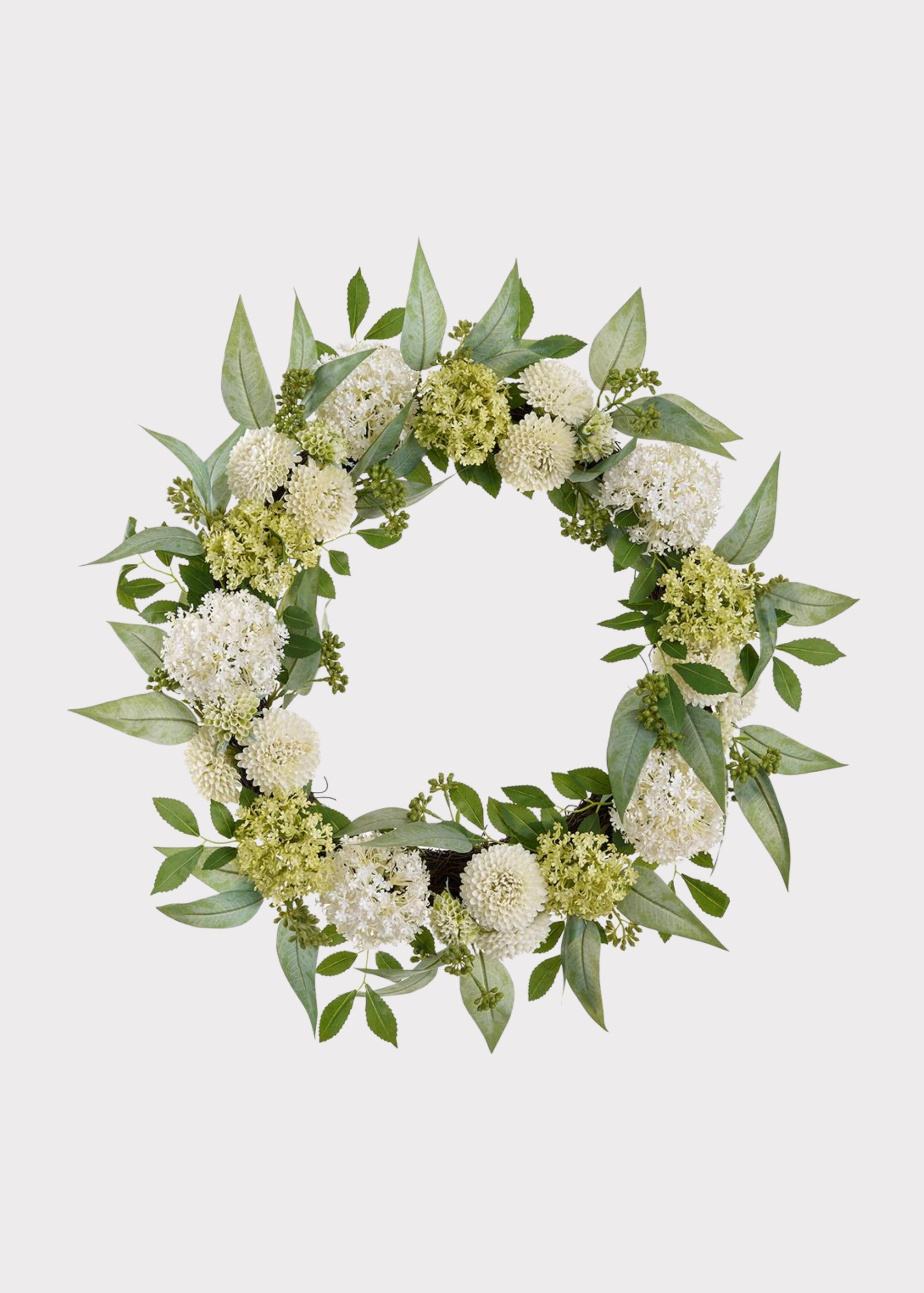 Cream Green Fake Snowball and Mum Flower Wreath with Sedum