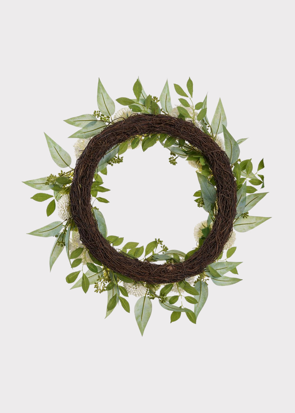 Back Of Cream Green Fake Snowball and Mum Flower Wreath with Sedum