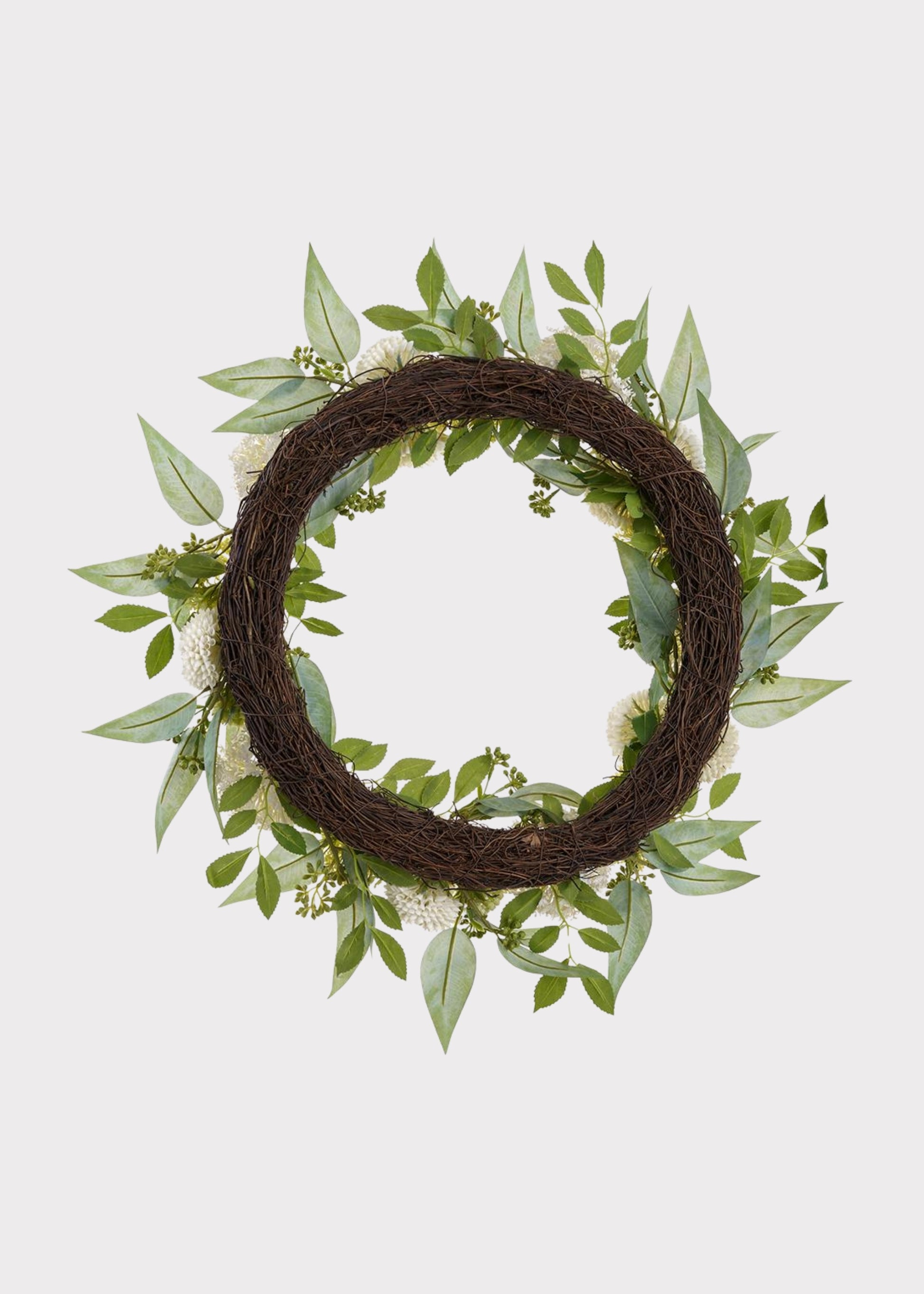 Back Of Cream Green Fake Snowball and Mum Flower Wreath with Sedum