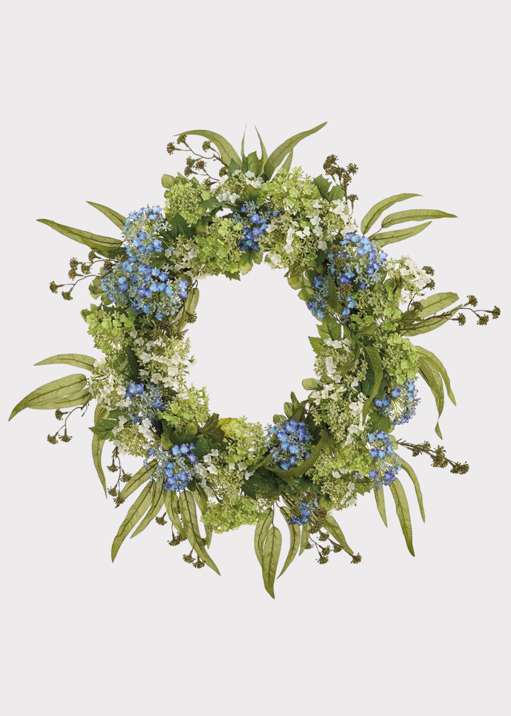 Snowball and Eucalyptus Fake Flower Wreath in Blue and Green