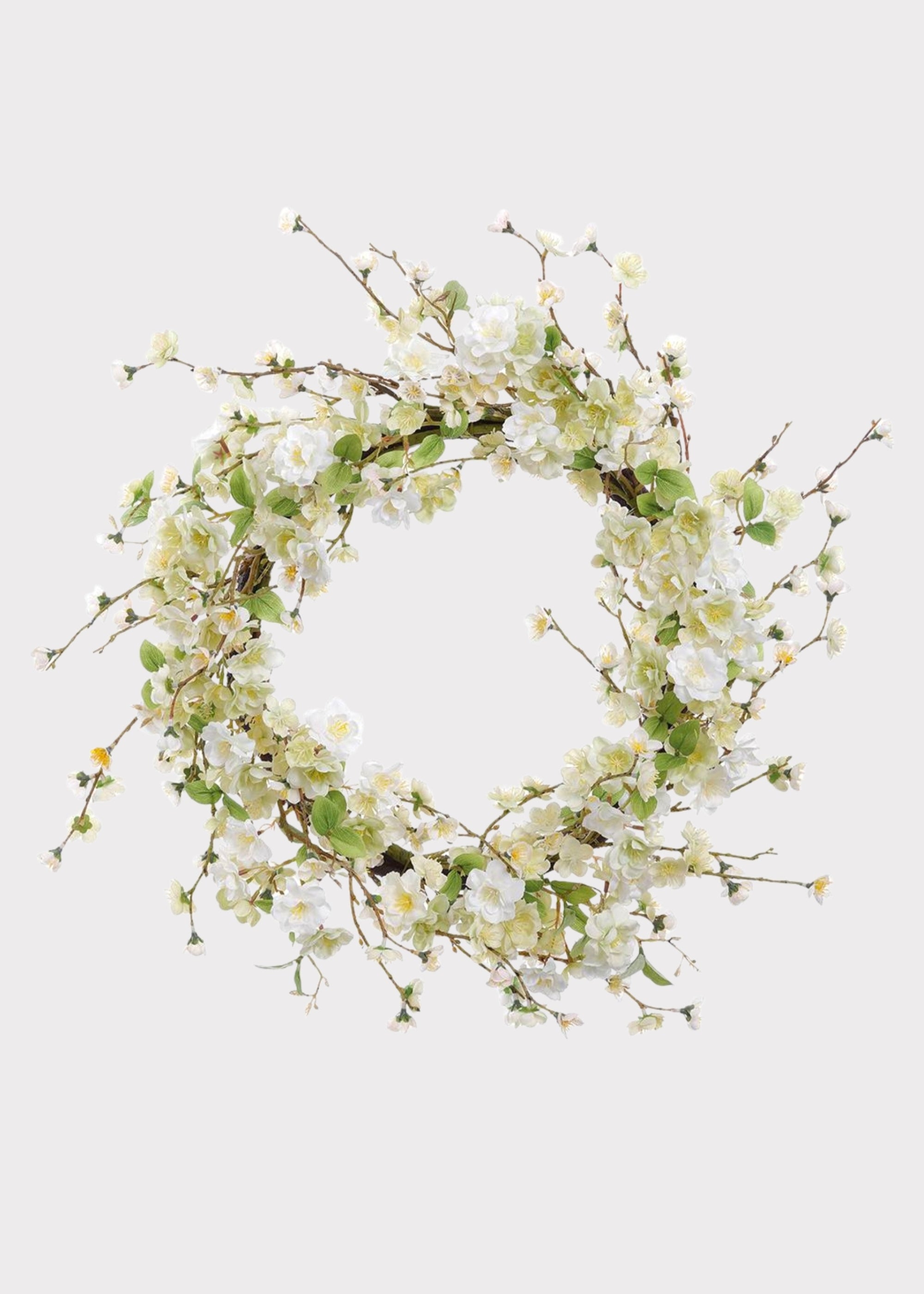 Artificial Wispy Cherry Blossom Flower Wreath in Cream Green - 24