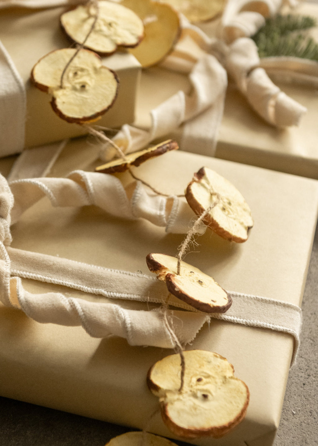 Gift wrapped in beige paper with decorative dried apple garlands