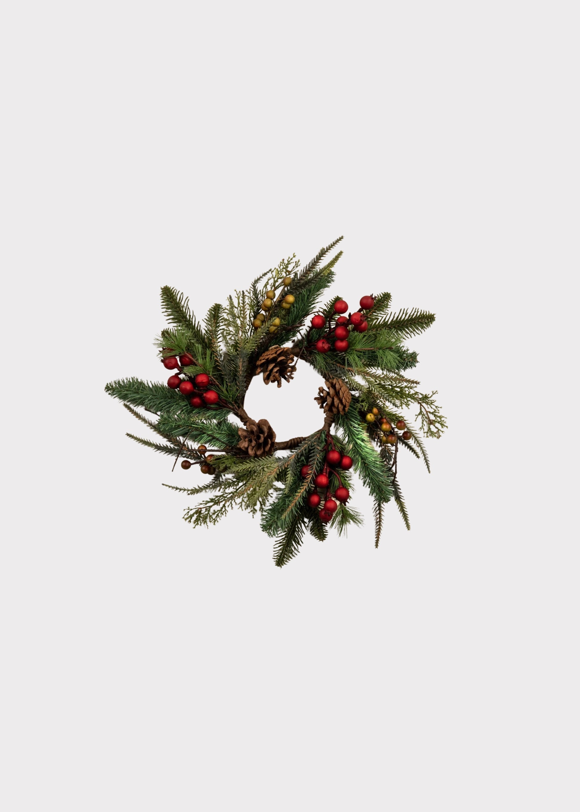 Artificial Holiday Pine and Cone Candle Ring with Berries