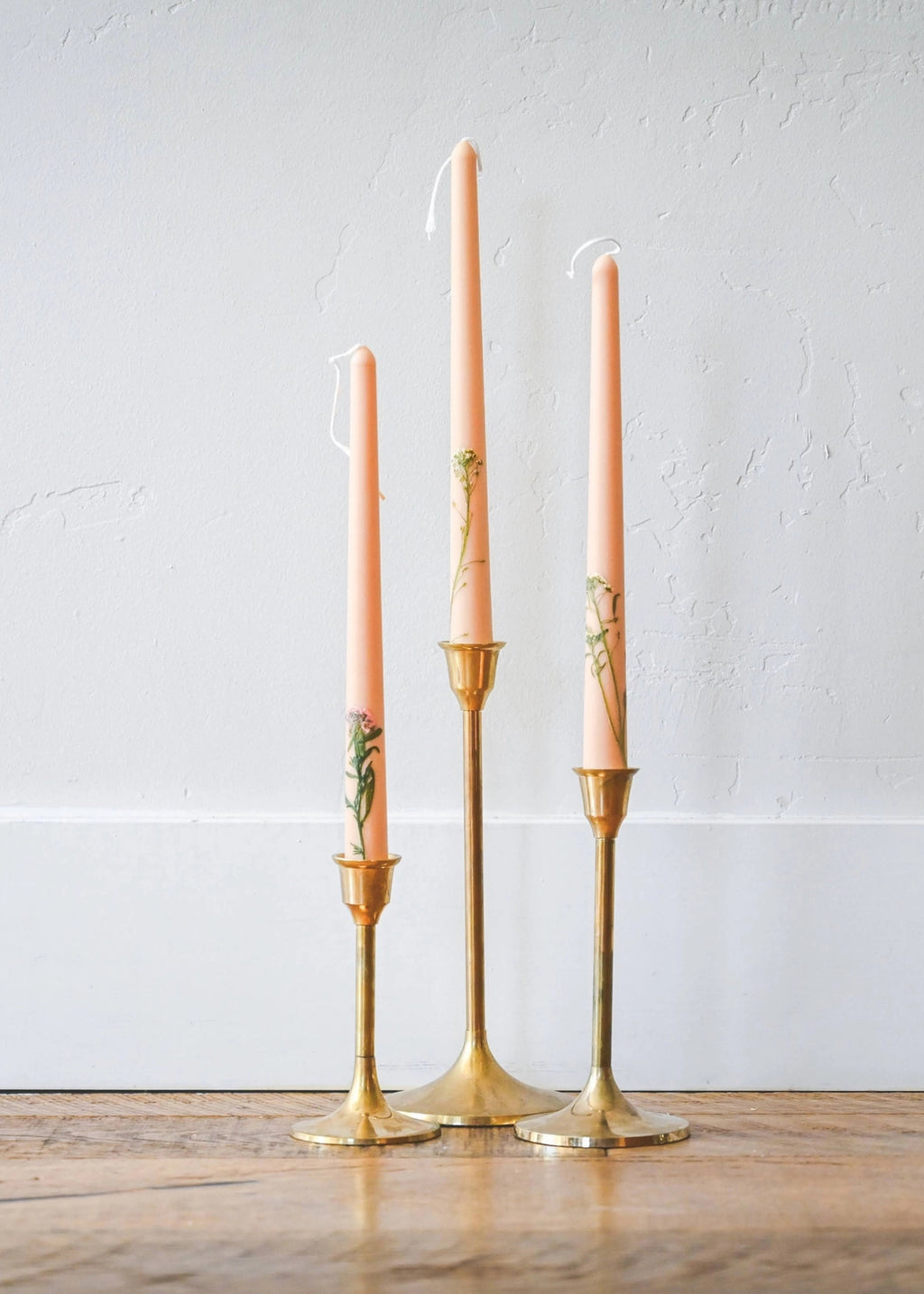 Set of 3 Handcrafted Beeswax Taper Candles with Floral Inlay
