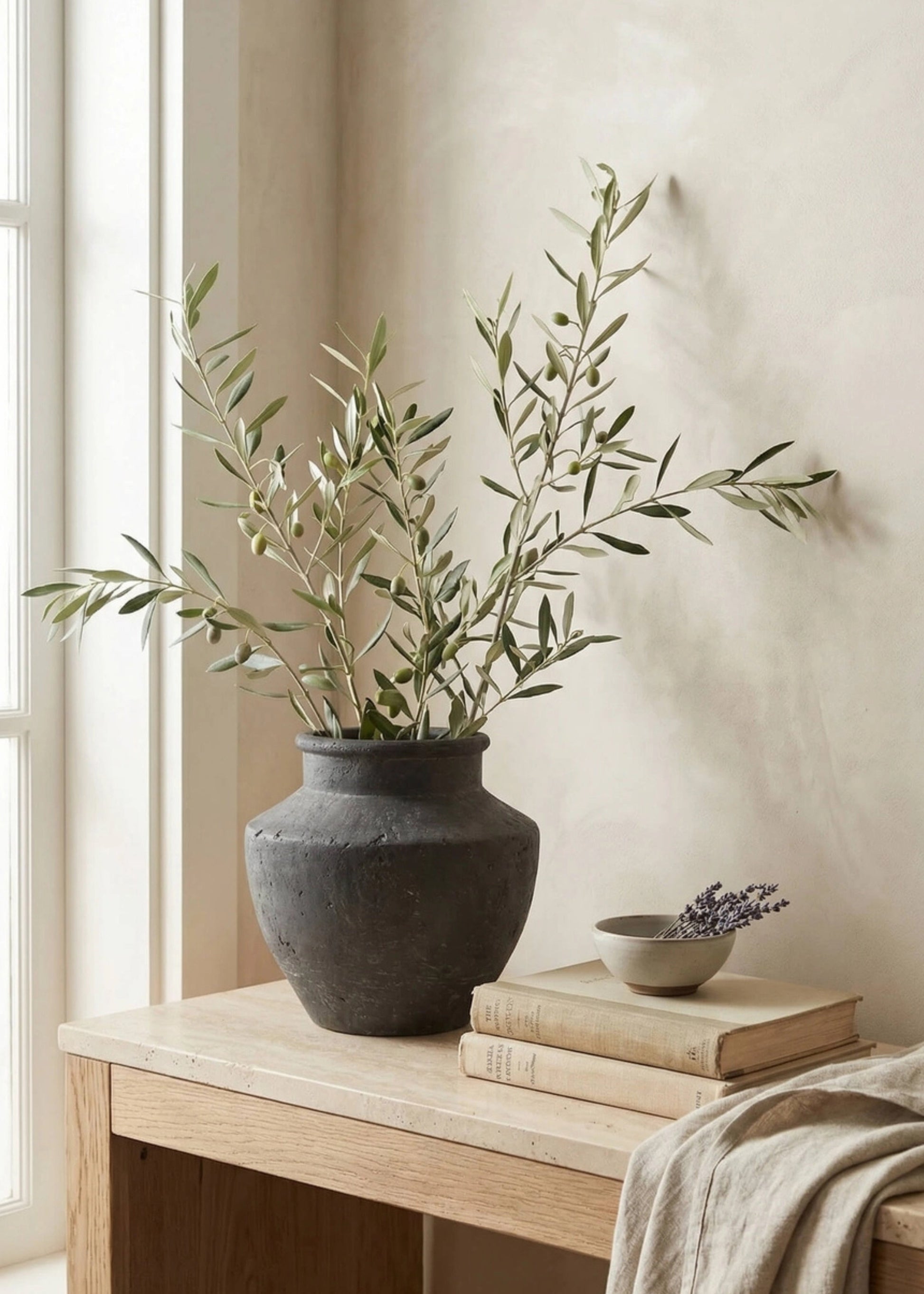 Charcoal Grey Vase with Olive Branches