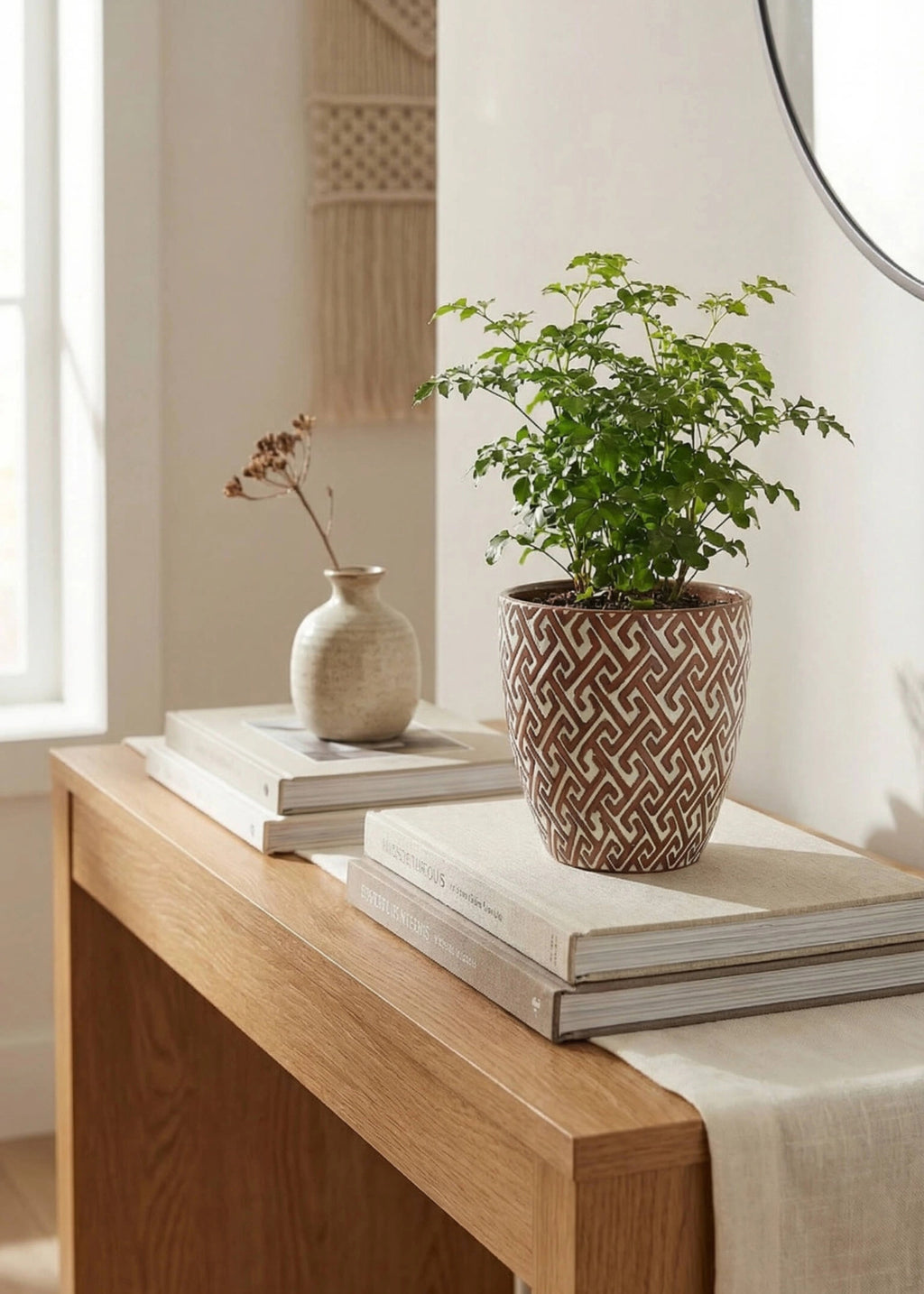 Glossy Ceramic Planter Pot on a Shelf with a Houseplant