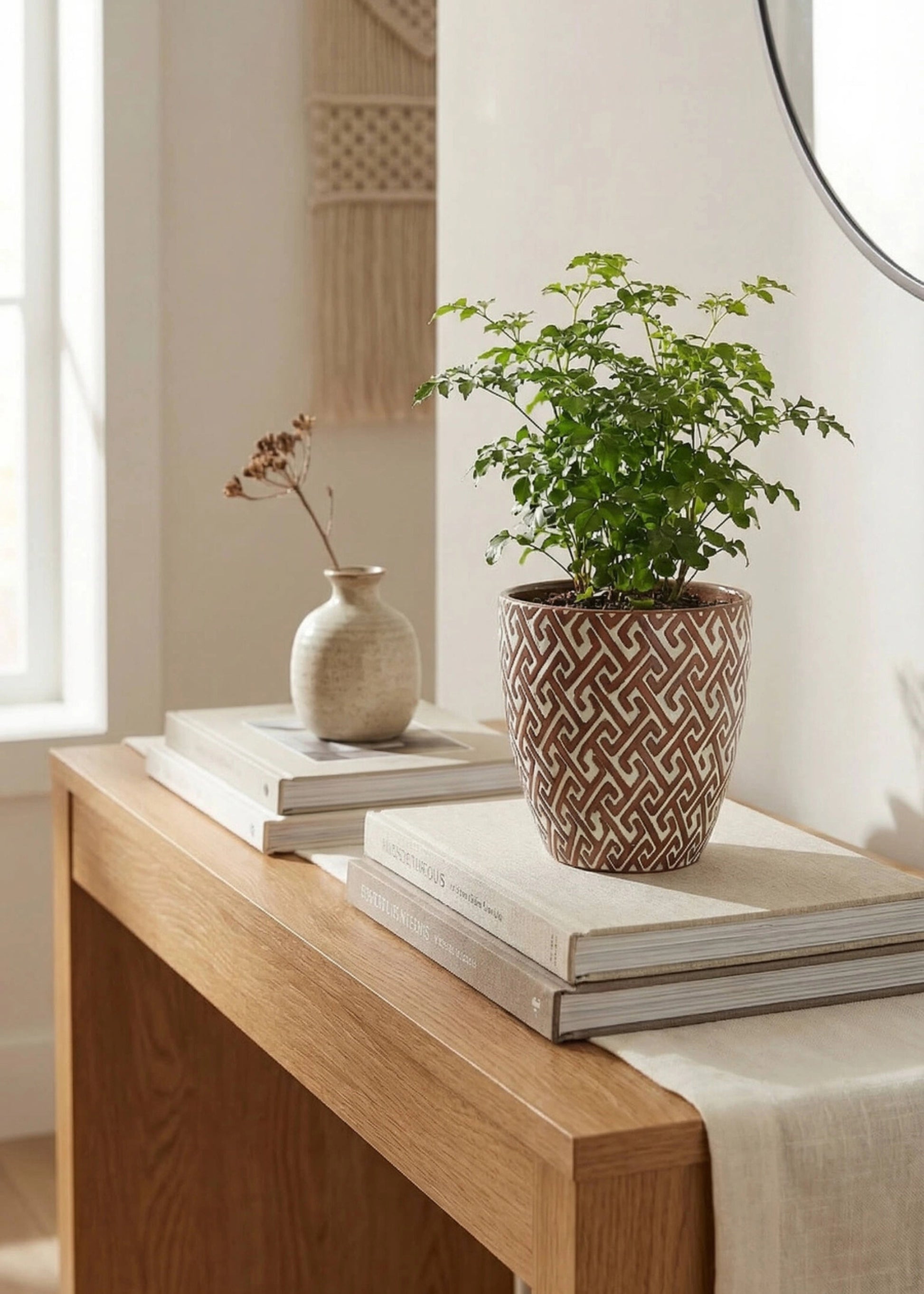 Glossy Ceramic Planter Pot on a Shelf with a Houseplant