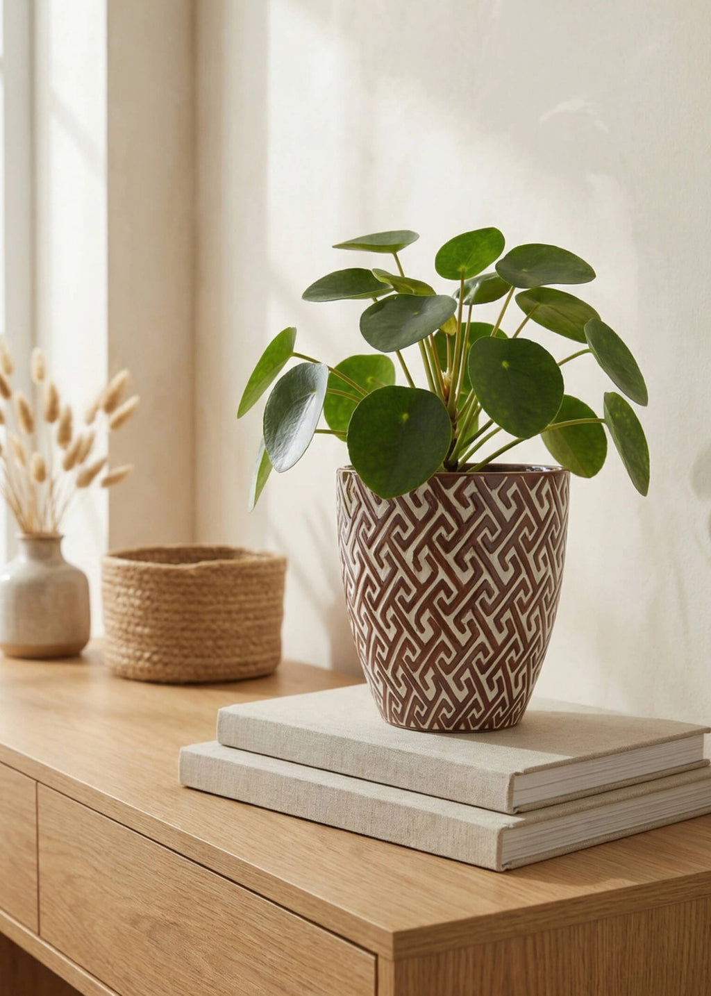Potted plant on a wooden credenza