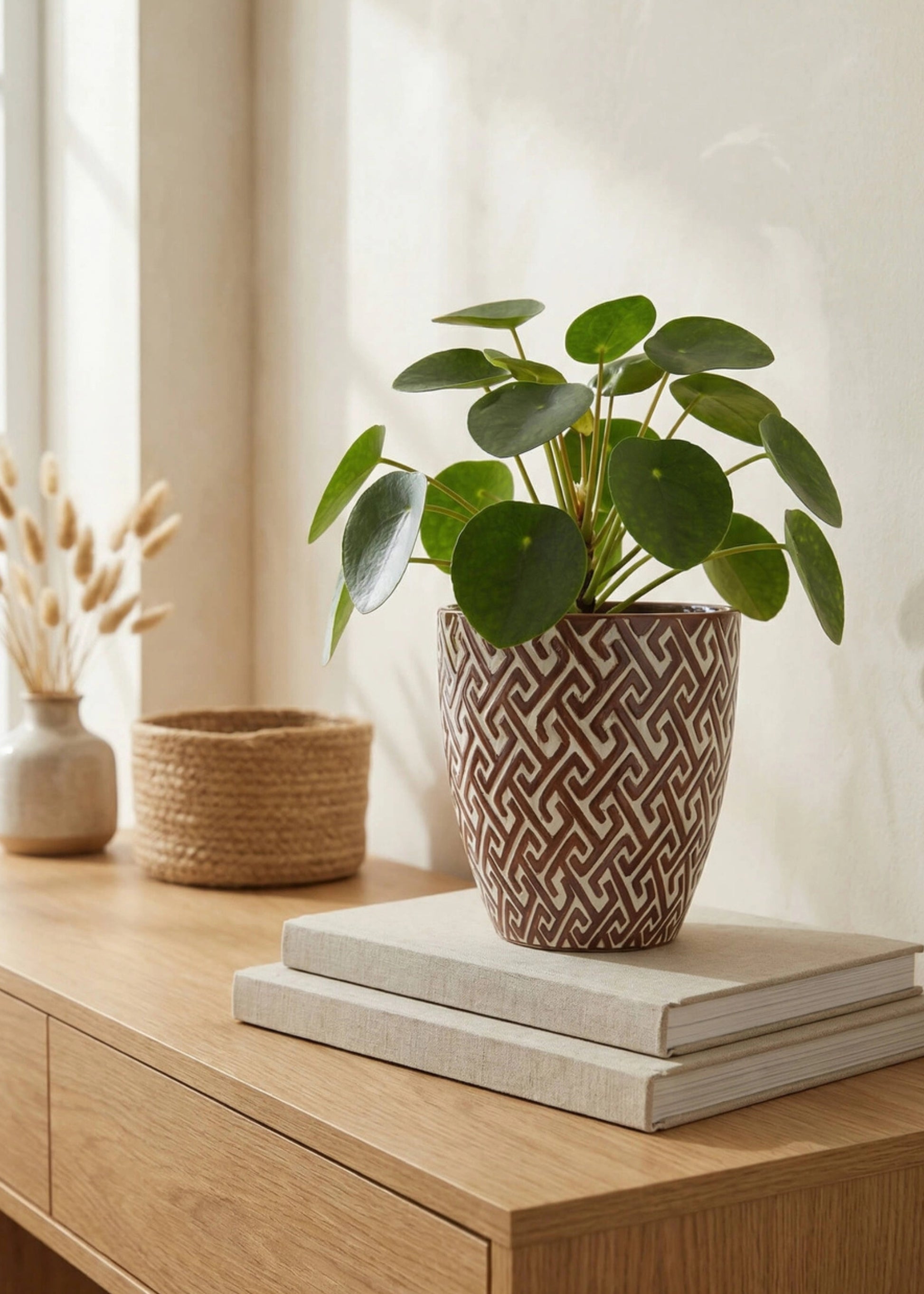 Potted plant on a wooden credenza