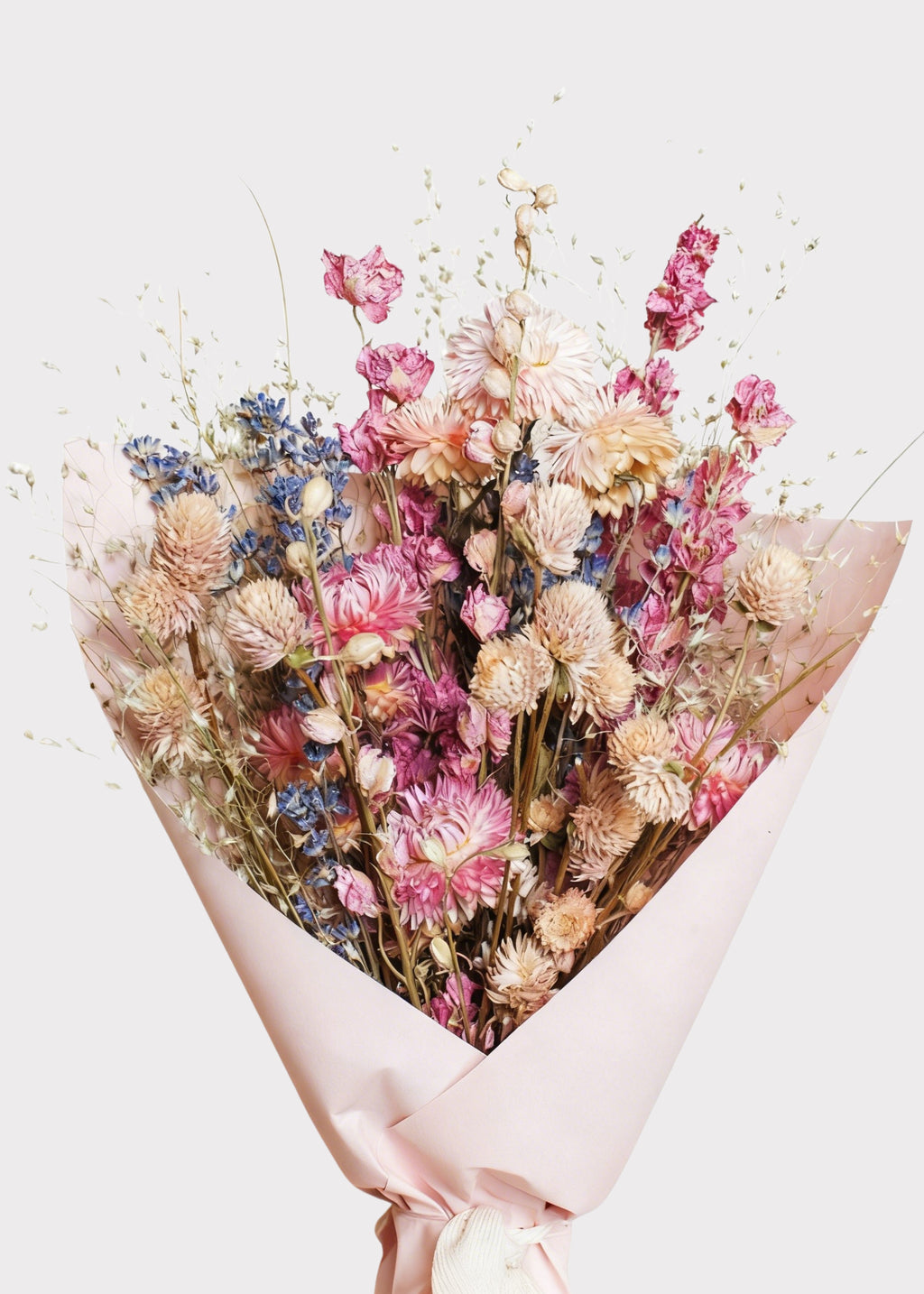 pink and blue dried flower bouquet