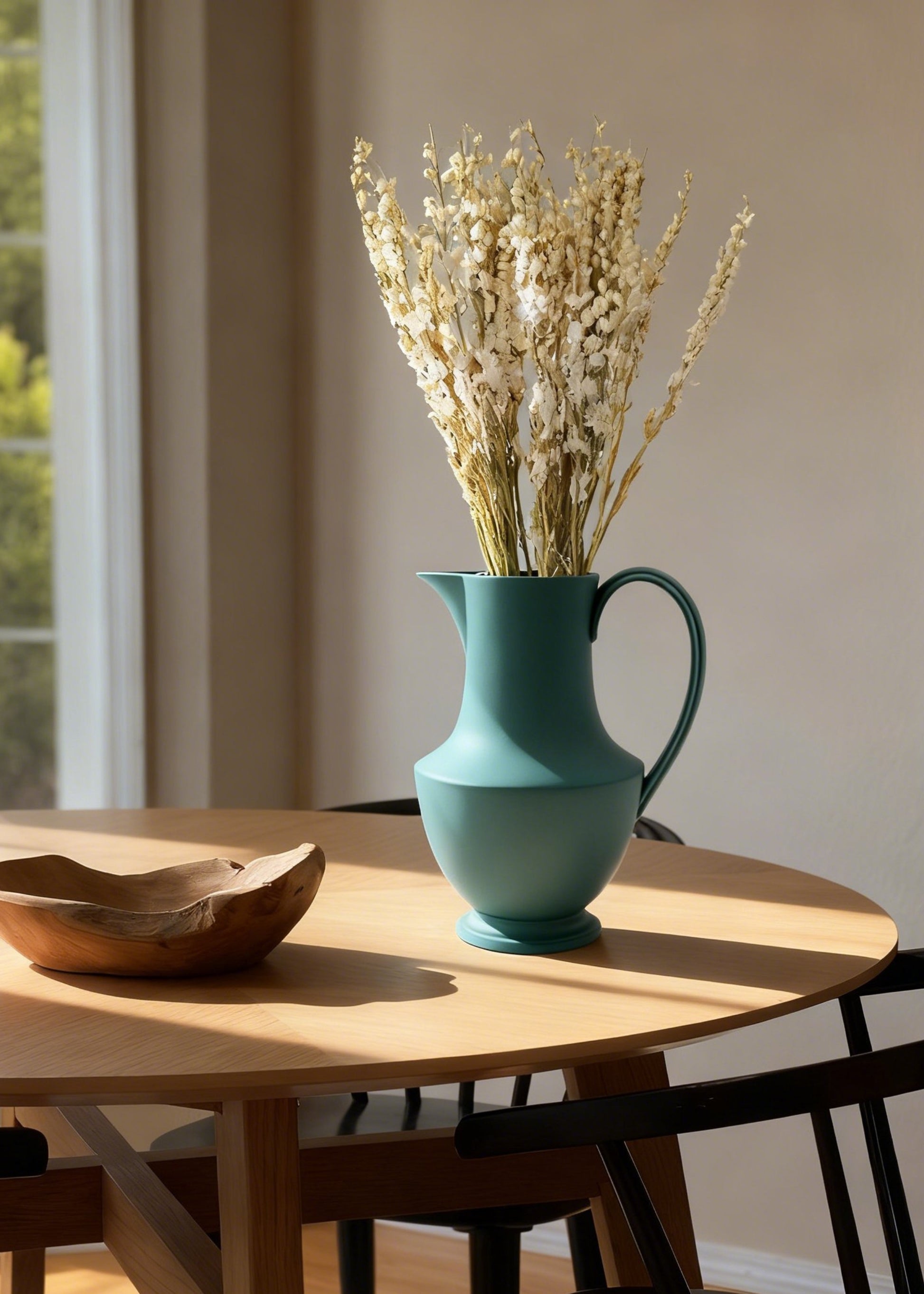 green pitcher with white dried larkspur