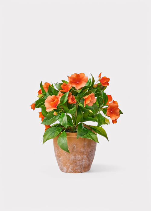 orange plant pot UV Treated Orange Fake Outdoor Impatiens Flower Arrangement