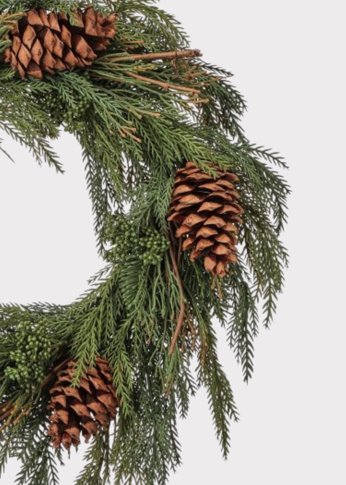 Close-up of a Fake Winter Evergreen Wreath with Pine Cones
