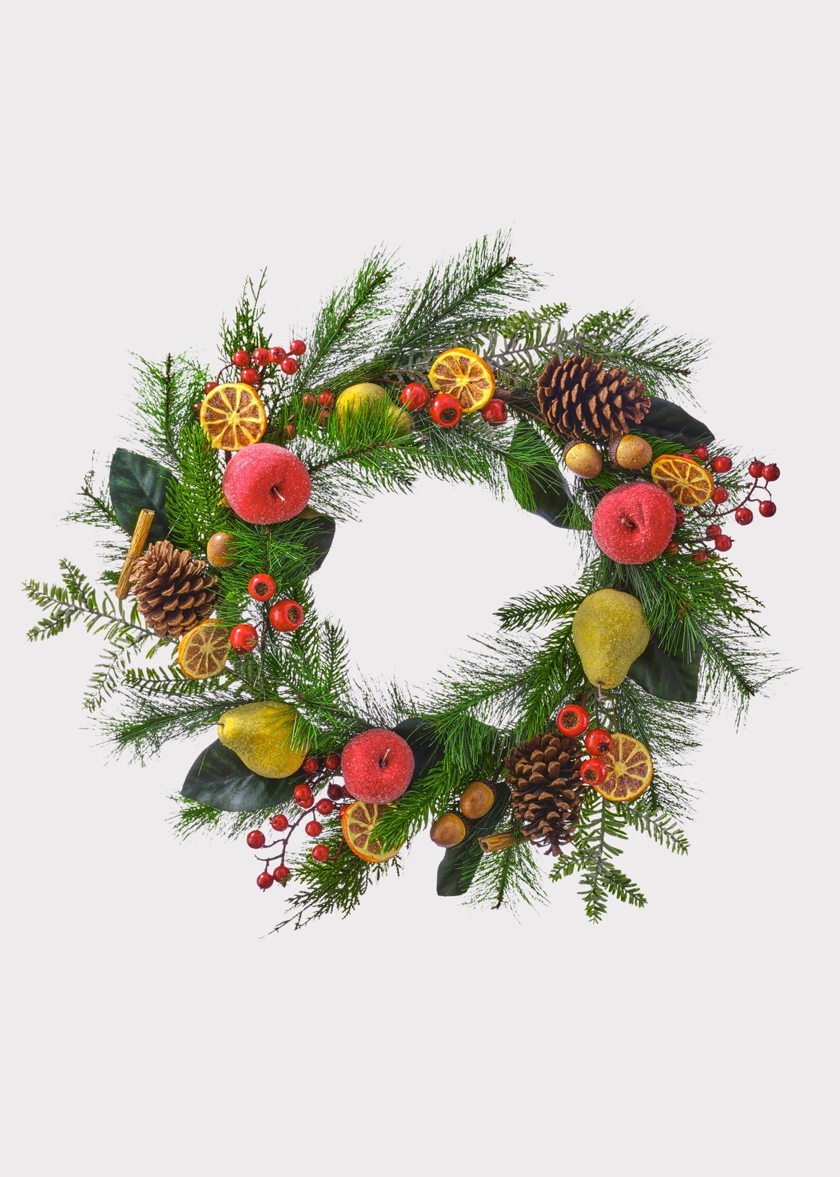 Red and Green Artificial Winter Pine and Mixed Fruit Wreath