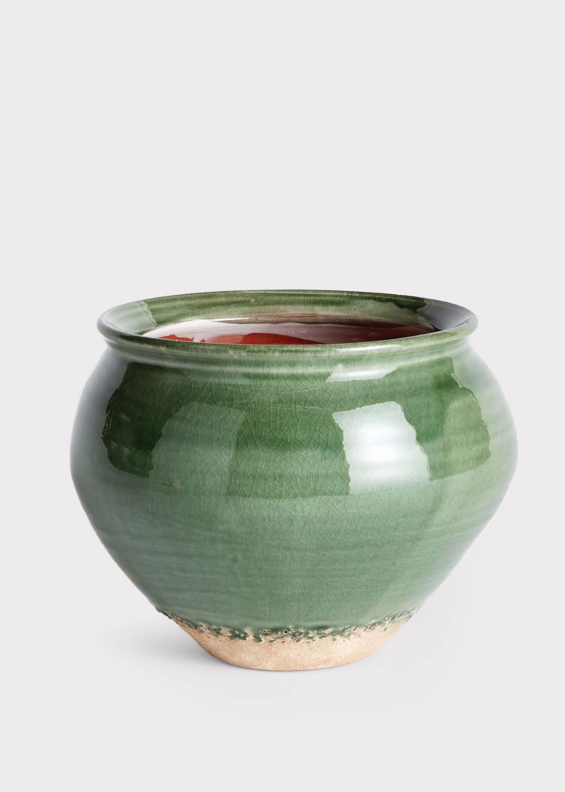 Handmade Terra Cotta Drum Vase in Green Crackle Glaze 