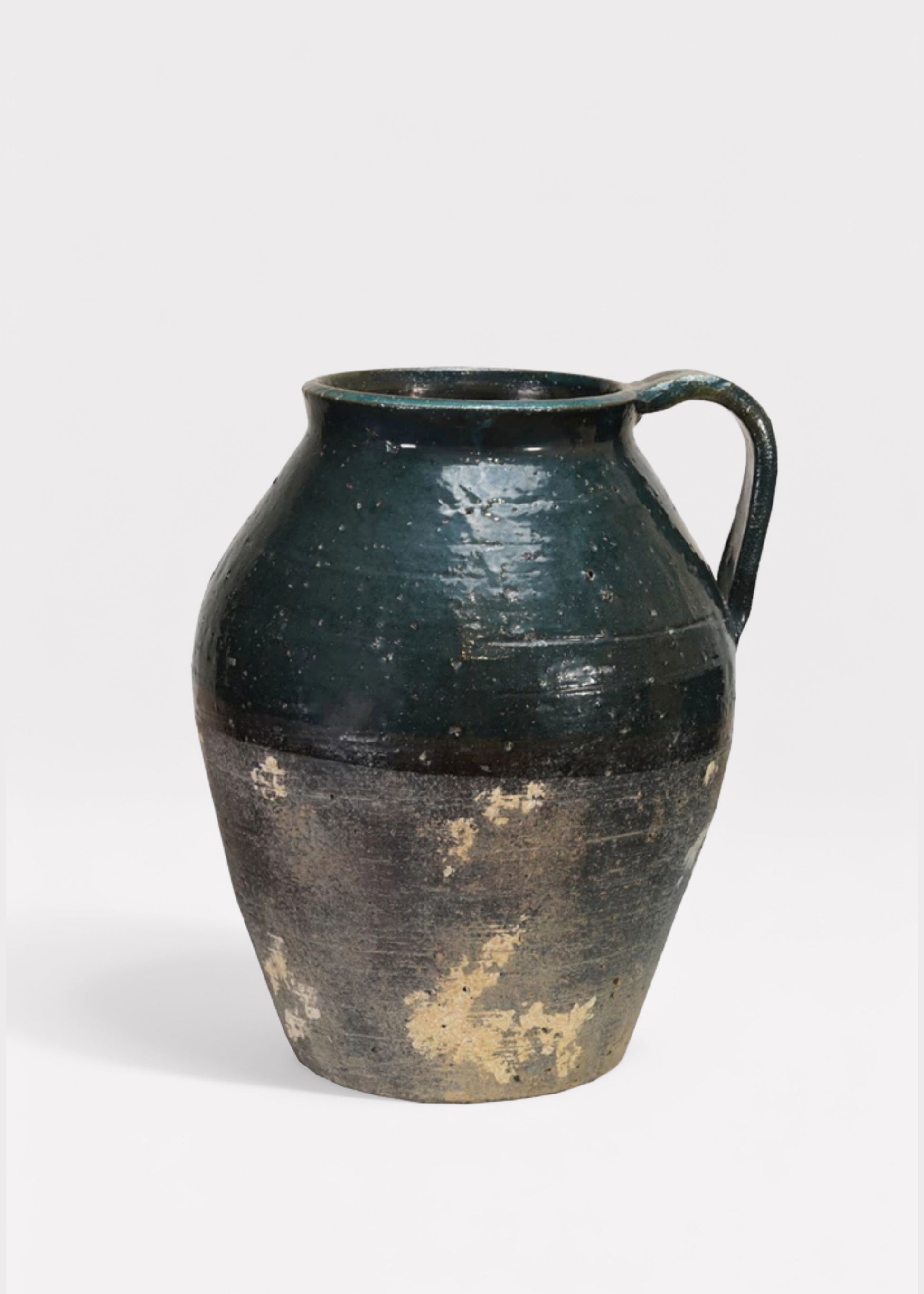 Distressed Terra Cotta Pitcher Vase in Blue Glaze