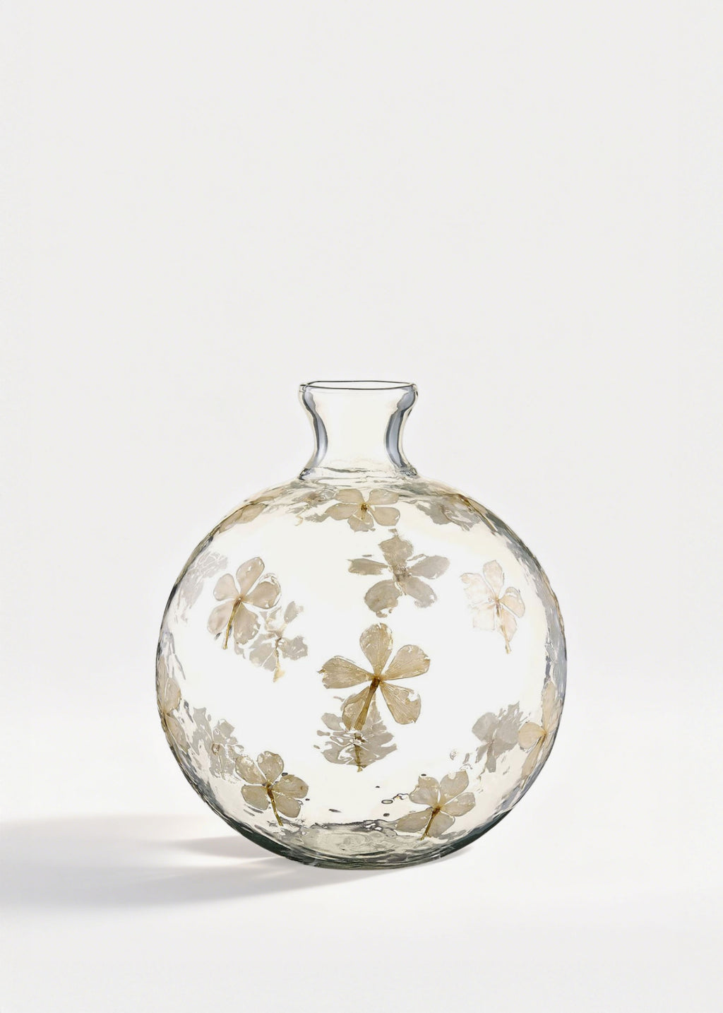 Hand Blown Clear Glass Vase with Cream Floral Pattern