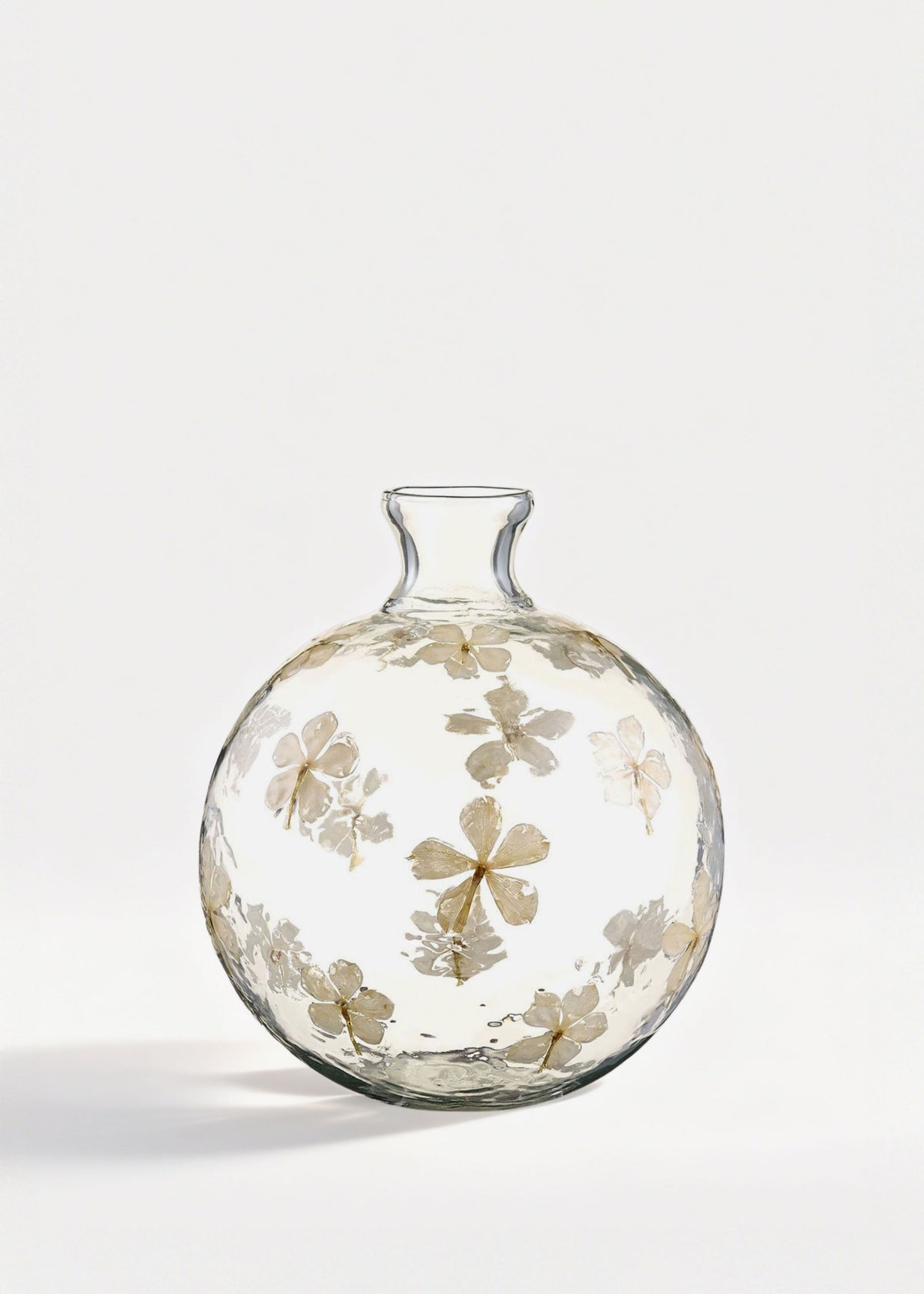 Hand Blown Clear Glass Vase with Cream Floral Pattern