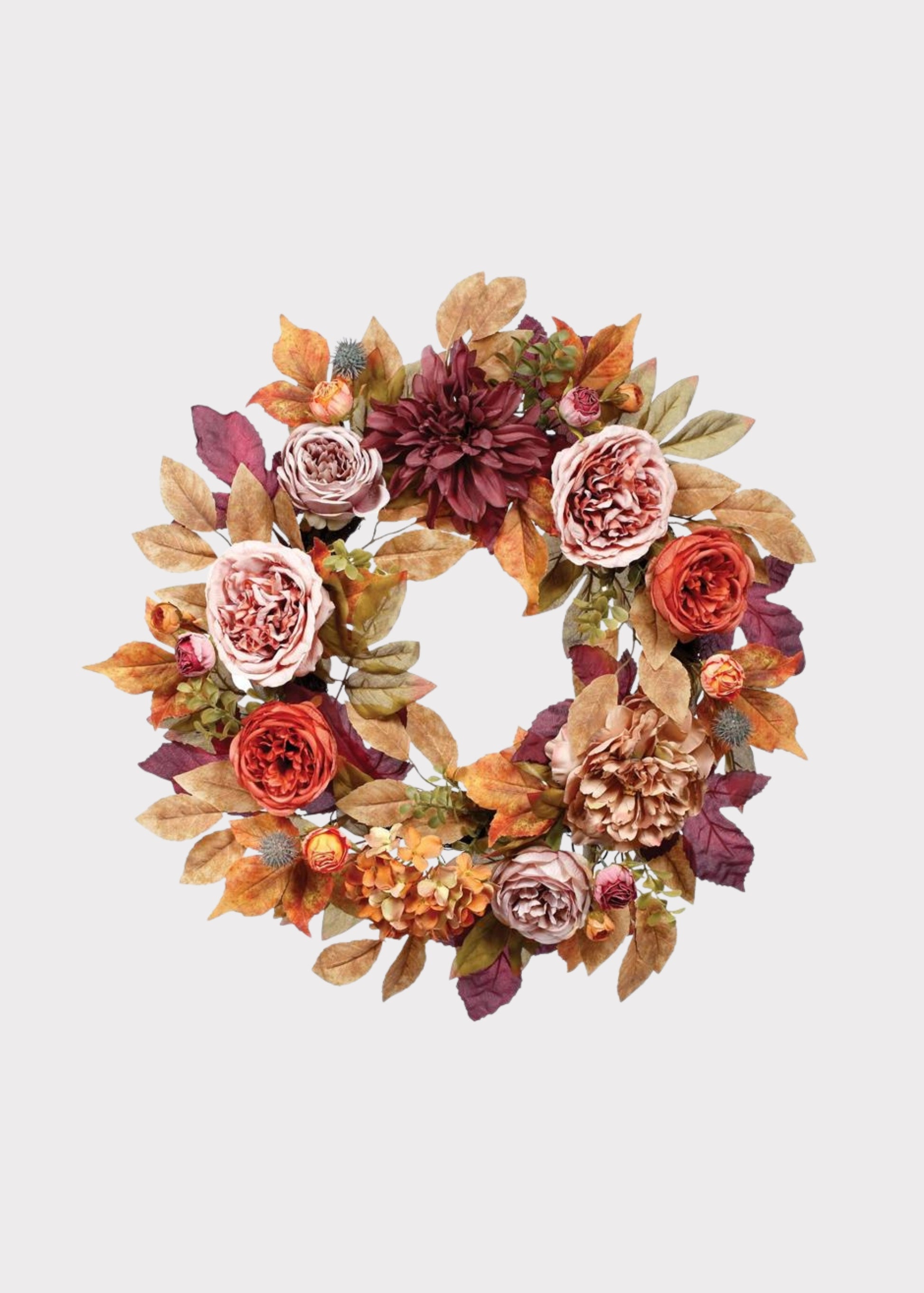 Fake Fall Flower and Leaf Wreath in Mixed Autumn Hues 