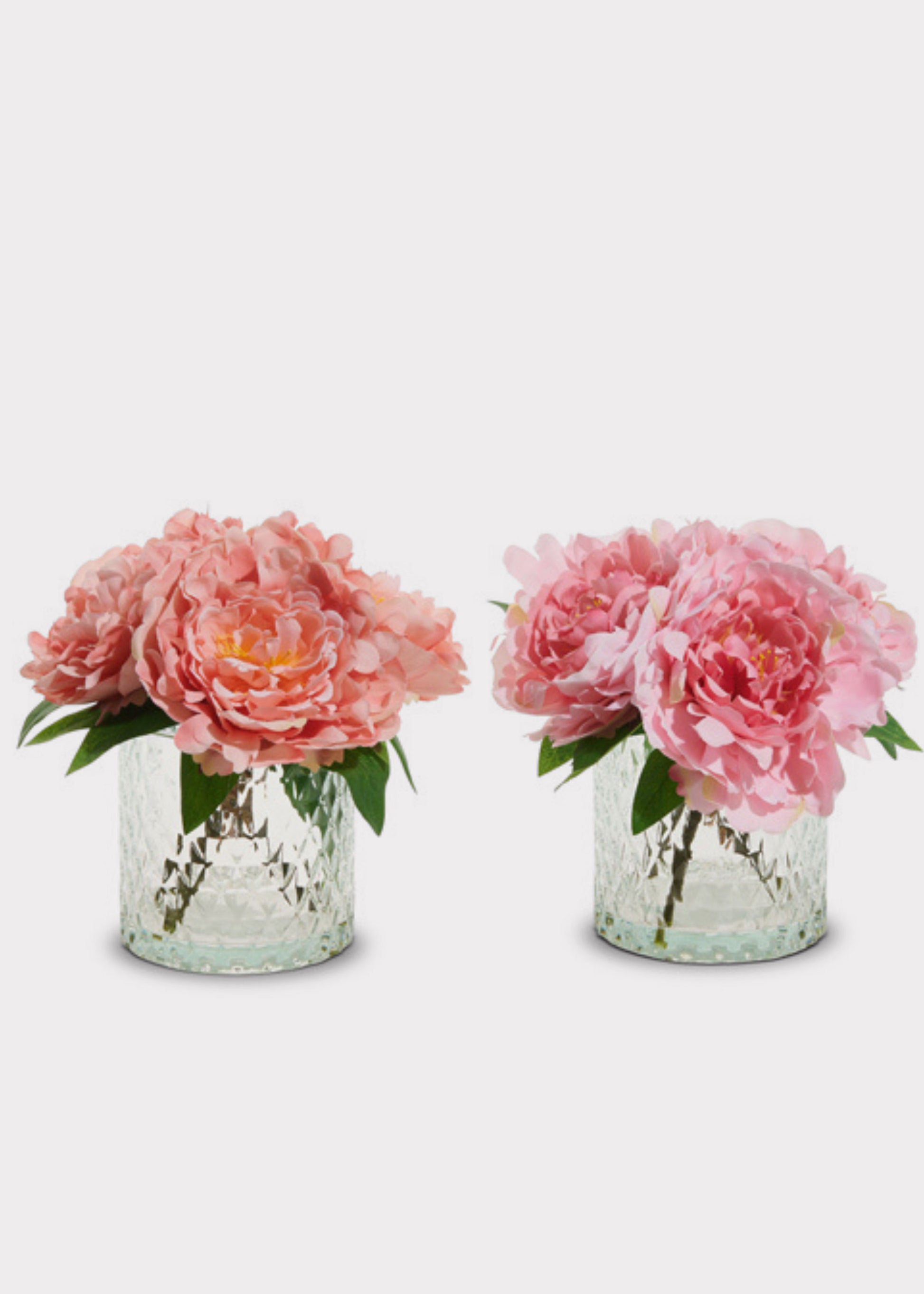 Set of 2 Pink Peony Fake Flower Arrangements in Glass Vases