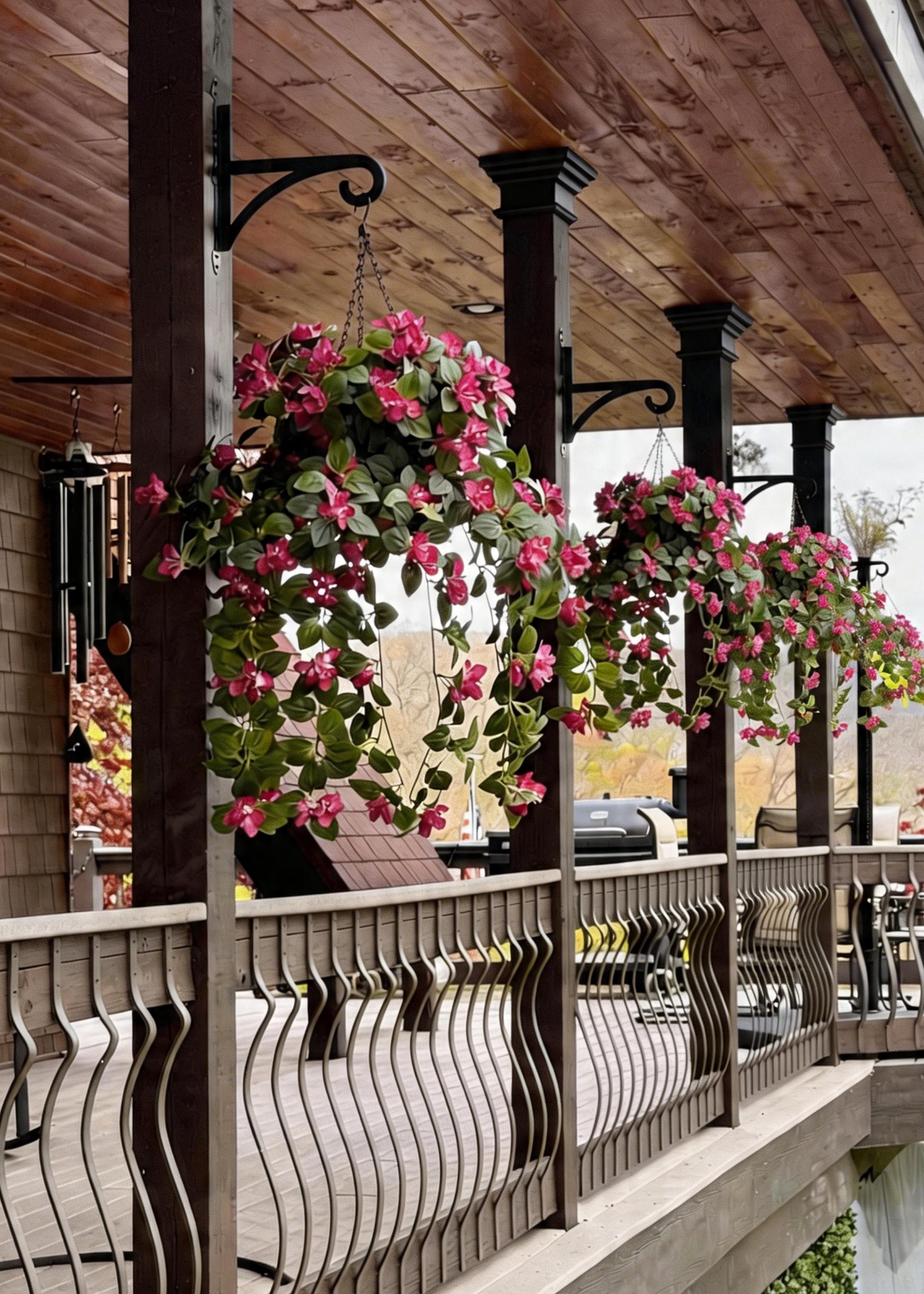 Porch with Fake Bougainvillea Hanging Baskets