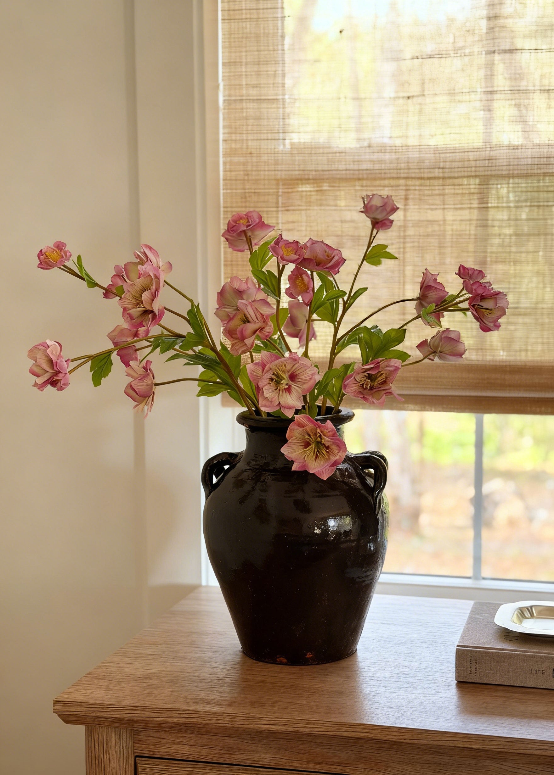 faux pink helleborus flower arrangement