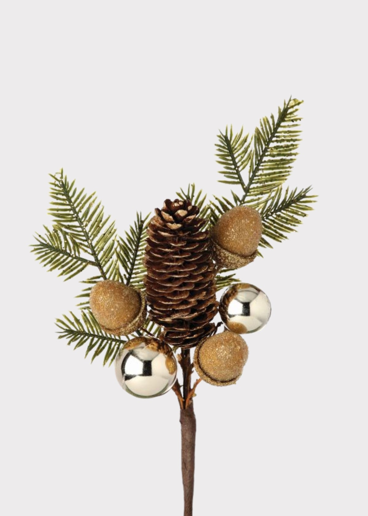 Artificial Hemlock Pine Cone and Gold Beaded Acorn Holiday Pick
