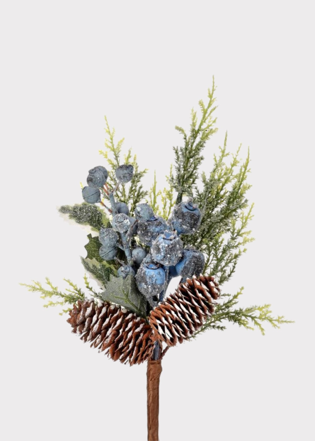 Fake Cedar and Pine Cone Winter Pick with Blue Beaded Berries