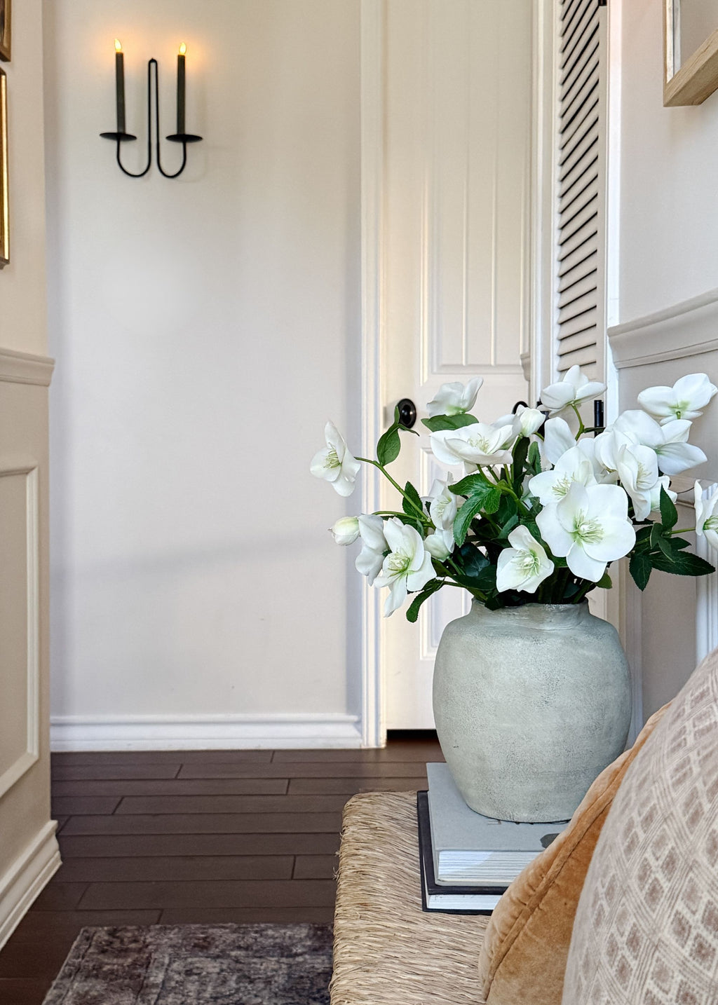 Vase with Cream Green Fake Helleborus Flowers