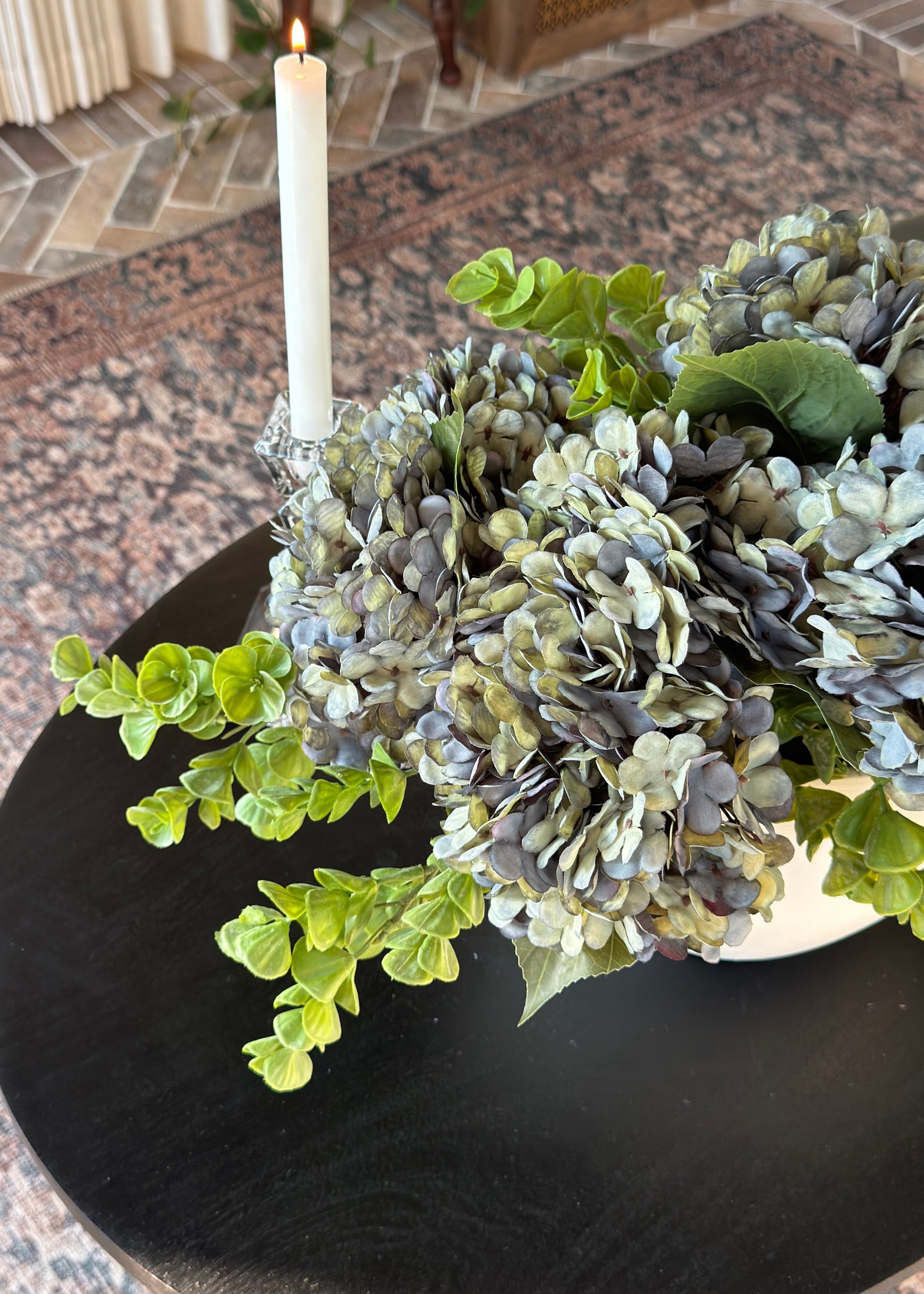 artificial blue green hydrangeas and eucalyptus stems