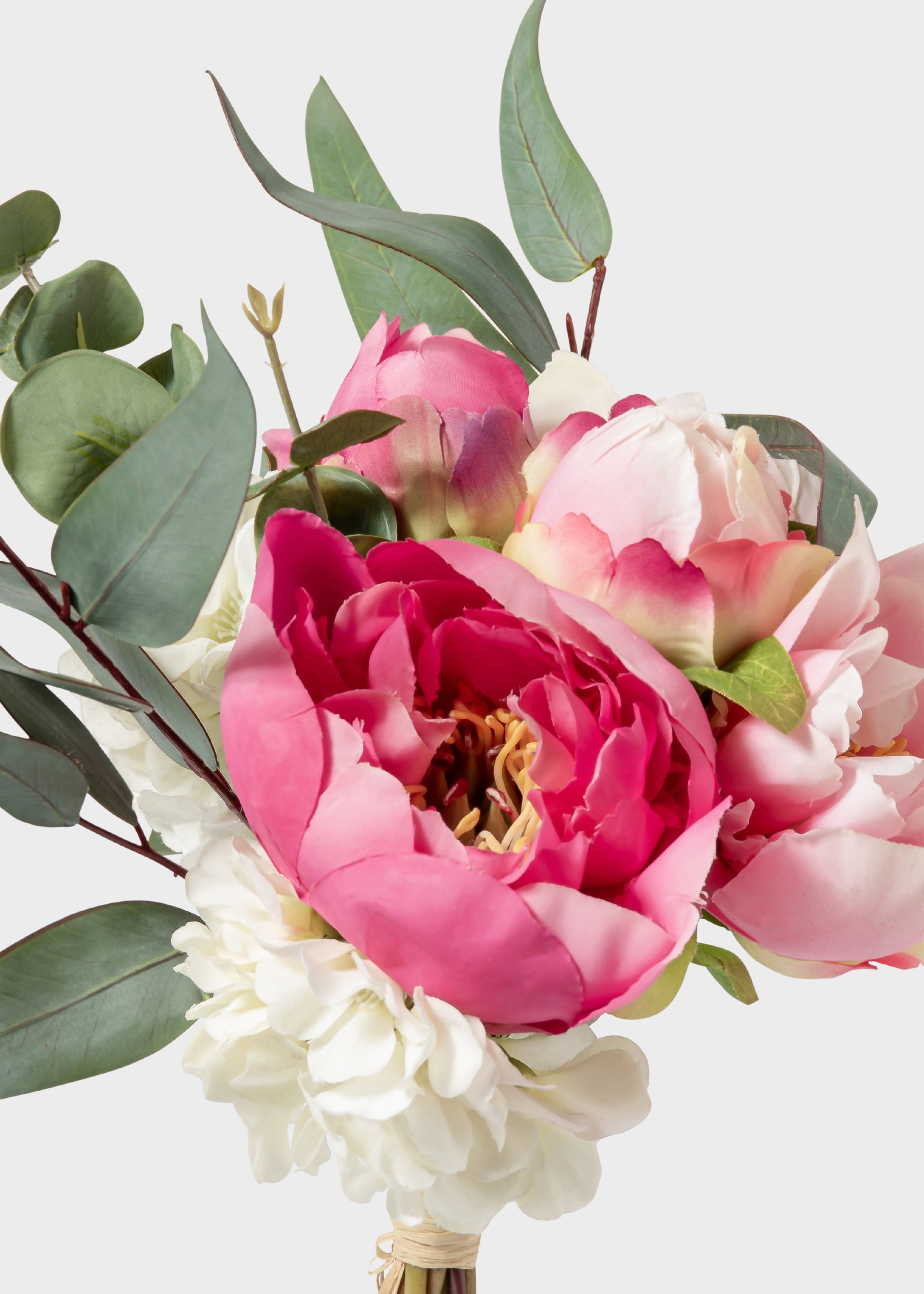 Close-up of a Faux Peony and Eucalyptus Bouquet