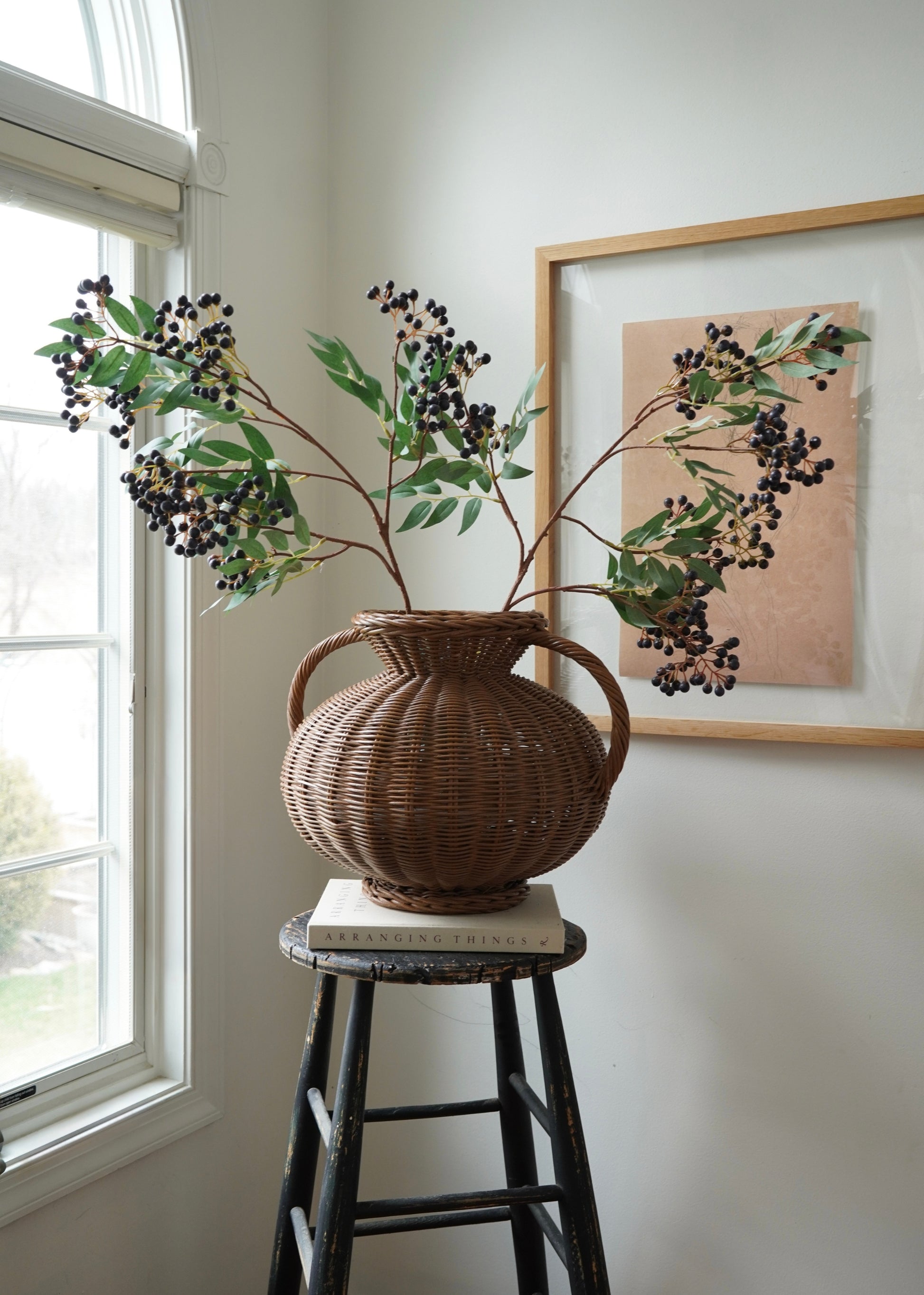 Wicker vase with Pepperberry Branches