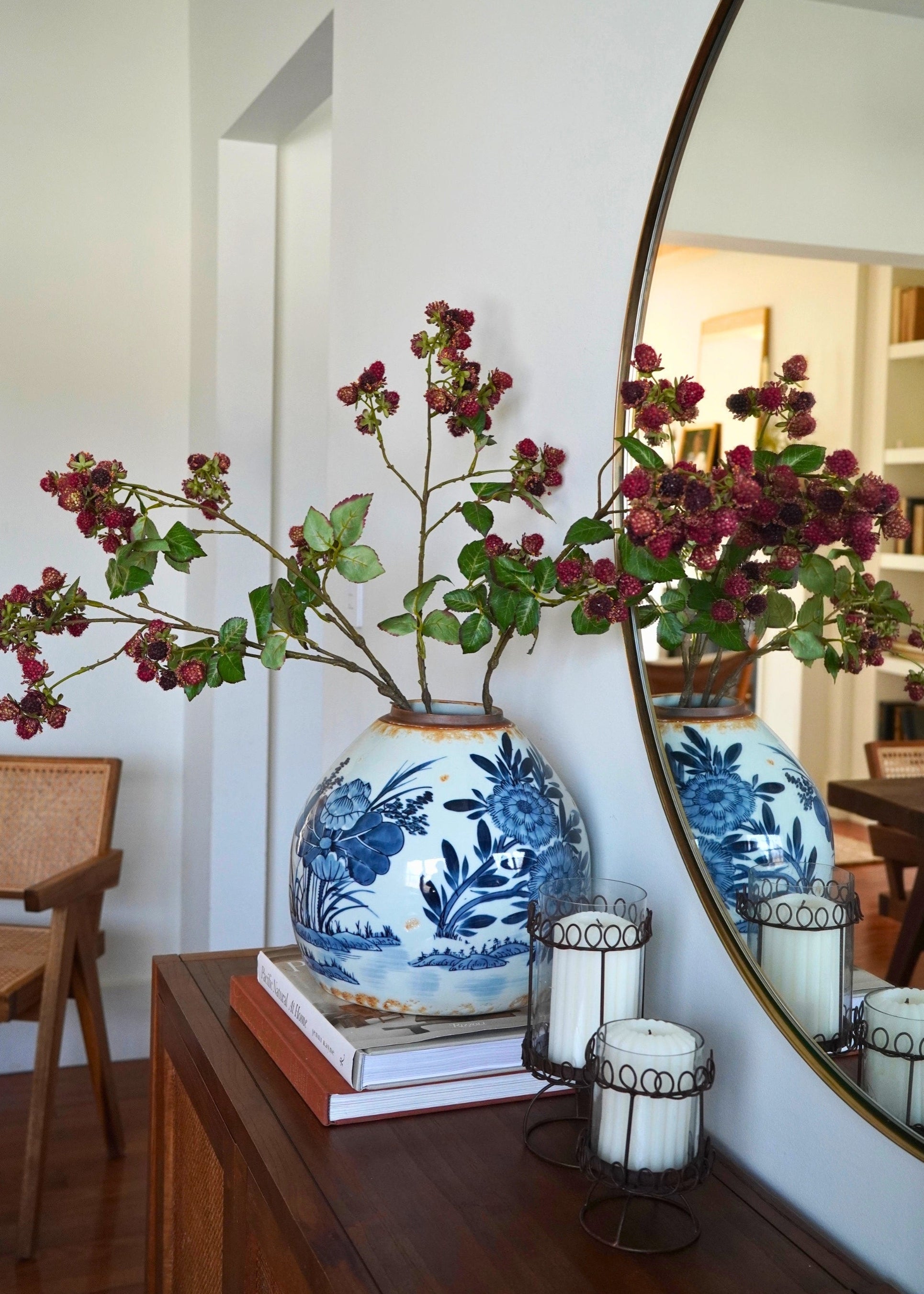 Blue Ginger Vase with faux Raspberries