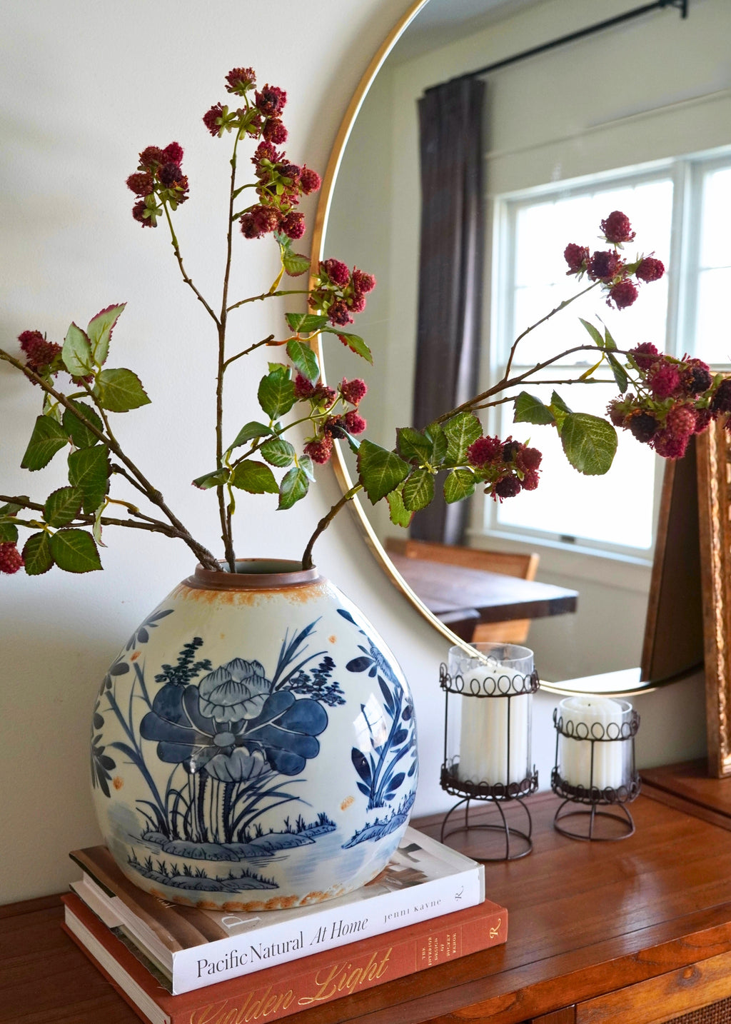 Decorative stoneware ginger vase with faux raspberry branches