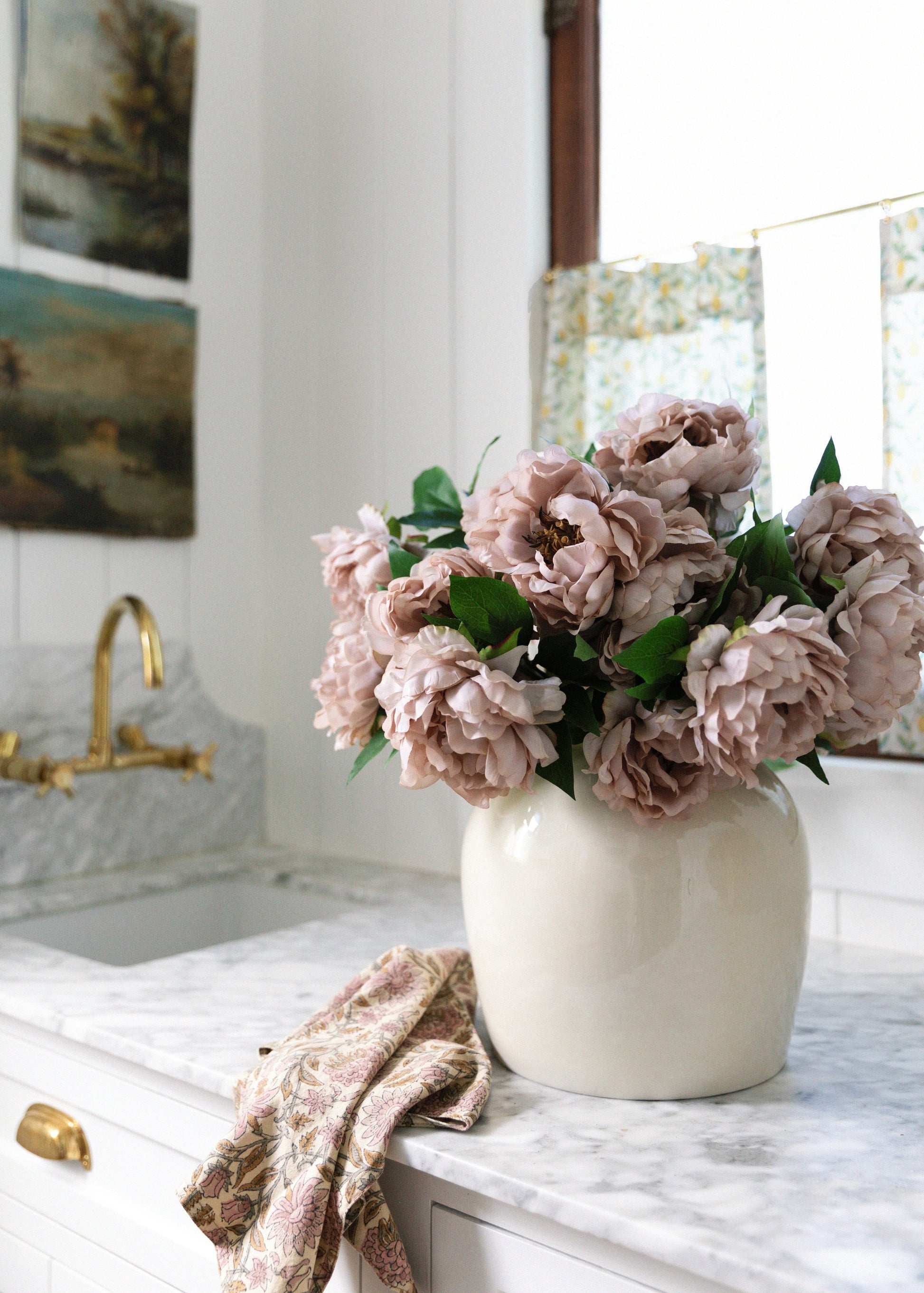 Taupe Artificial Peony Flowers in Cream Vase