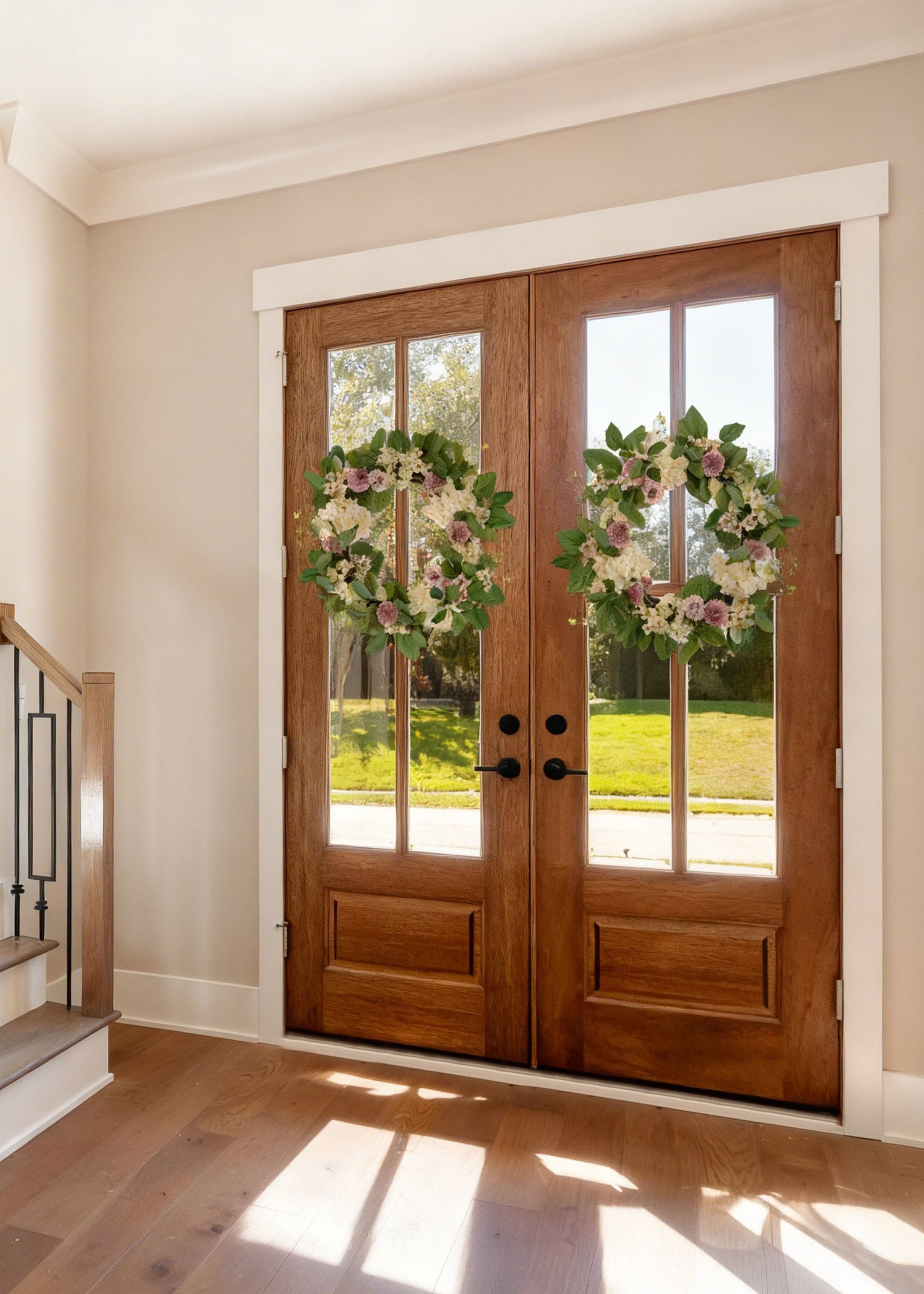 Dahlia and Hydrangea Wreaths Hung on Wooden Front Doors
