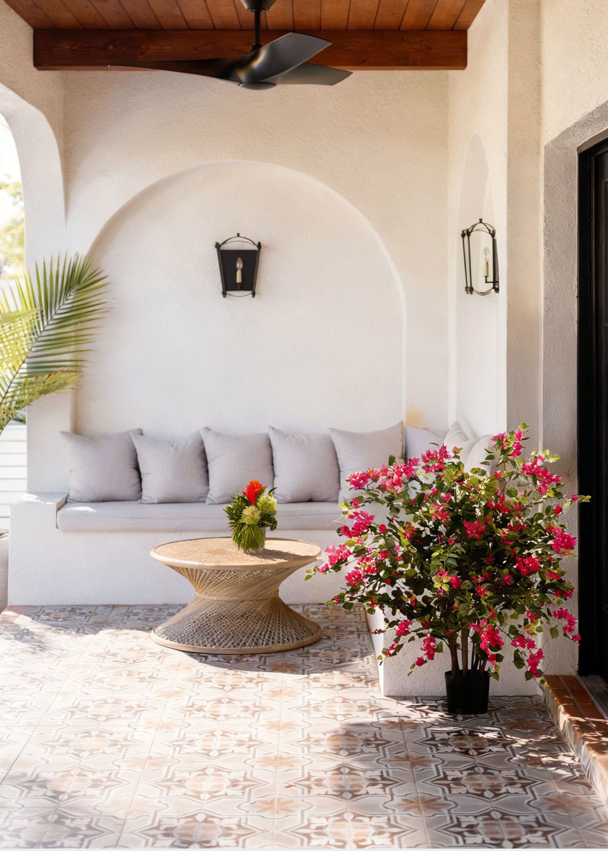 artificial bougainvillea in a covered outdoor space