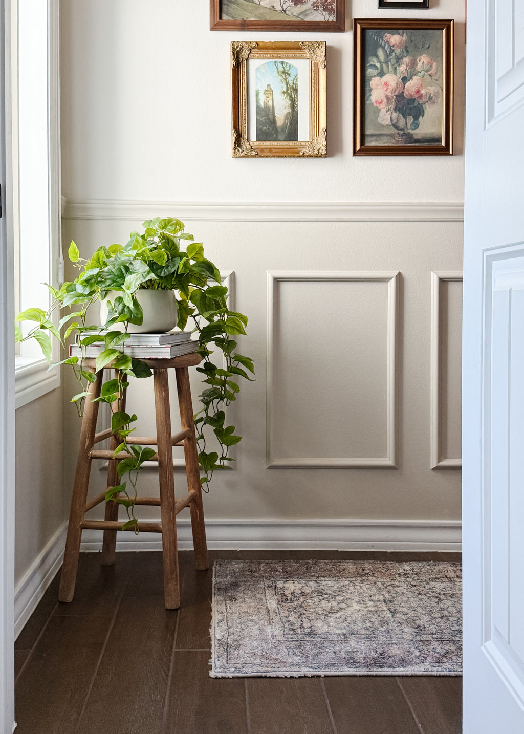 Fake Philodendron Hanging Plant on Stool