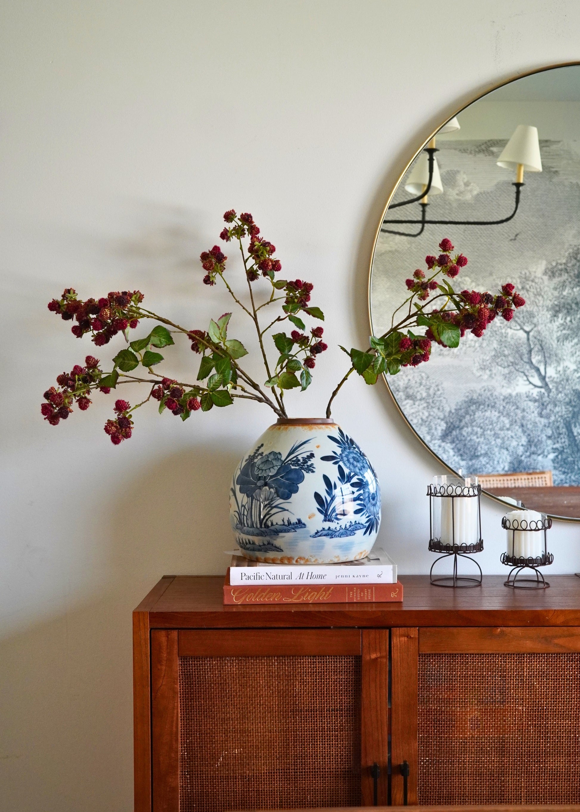 Fake Raspberry Fruit Branches in Decorative Blue and White Vase