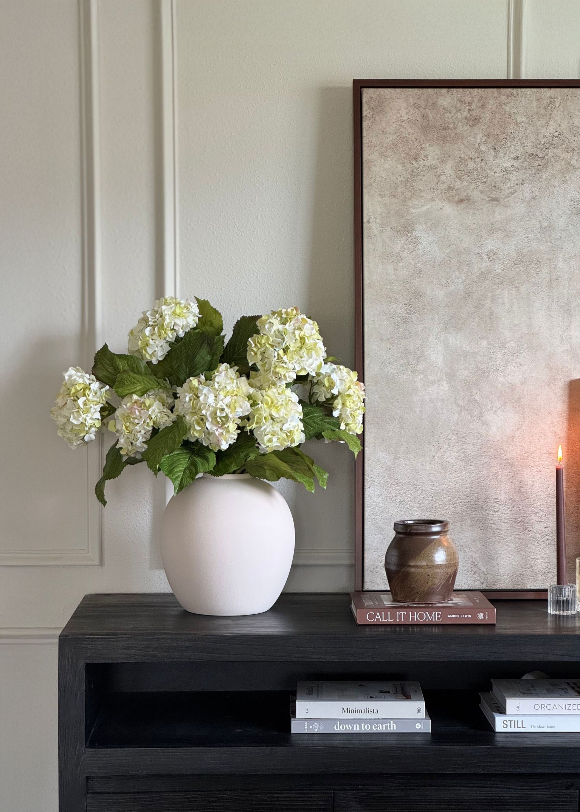 Styled Faux Hydrangea Branches in Bailey Vase