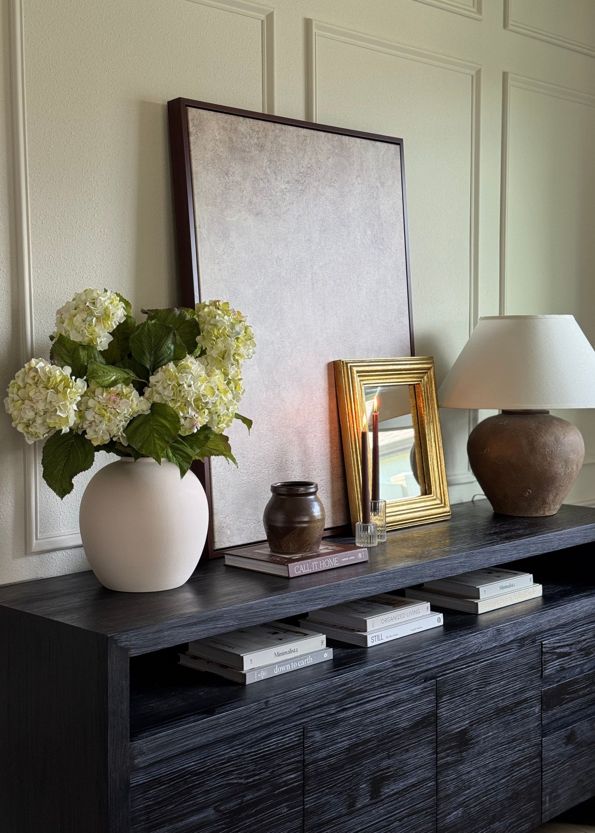 Cream Green Faux Hydrangeas in the Afloral Cream Bailey Vase