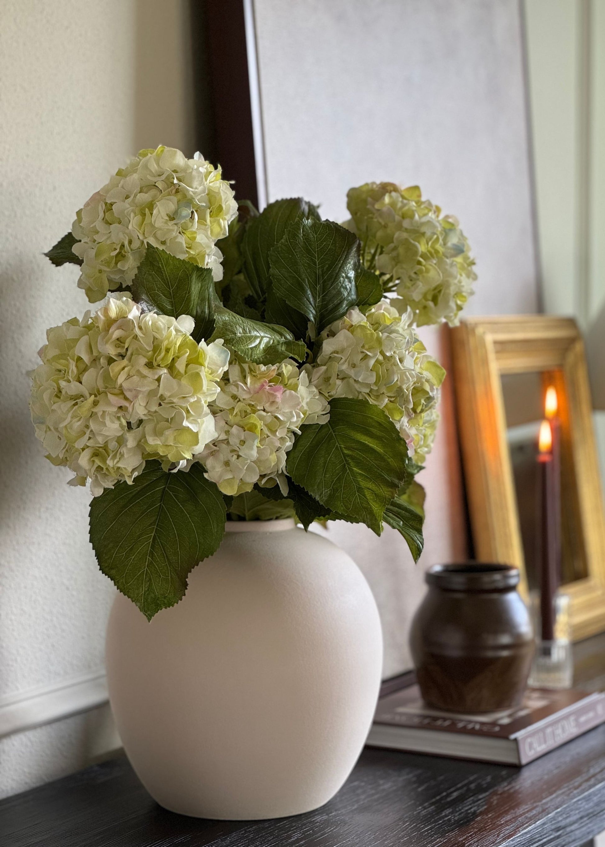 Close-up of Styled Faux Hydrangea Branches in Bailey Vase
