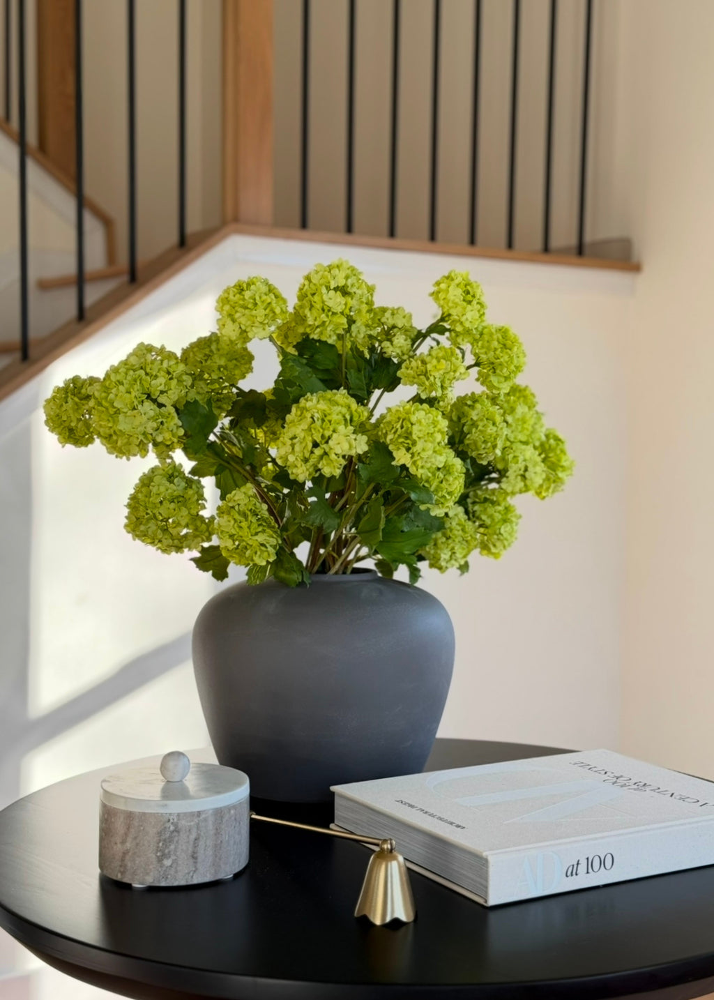 arrangement of green snowball flowers