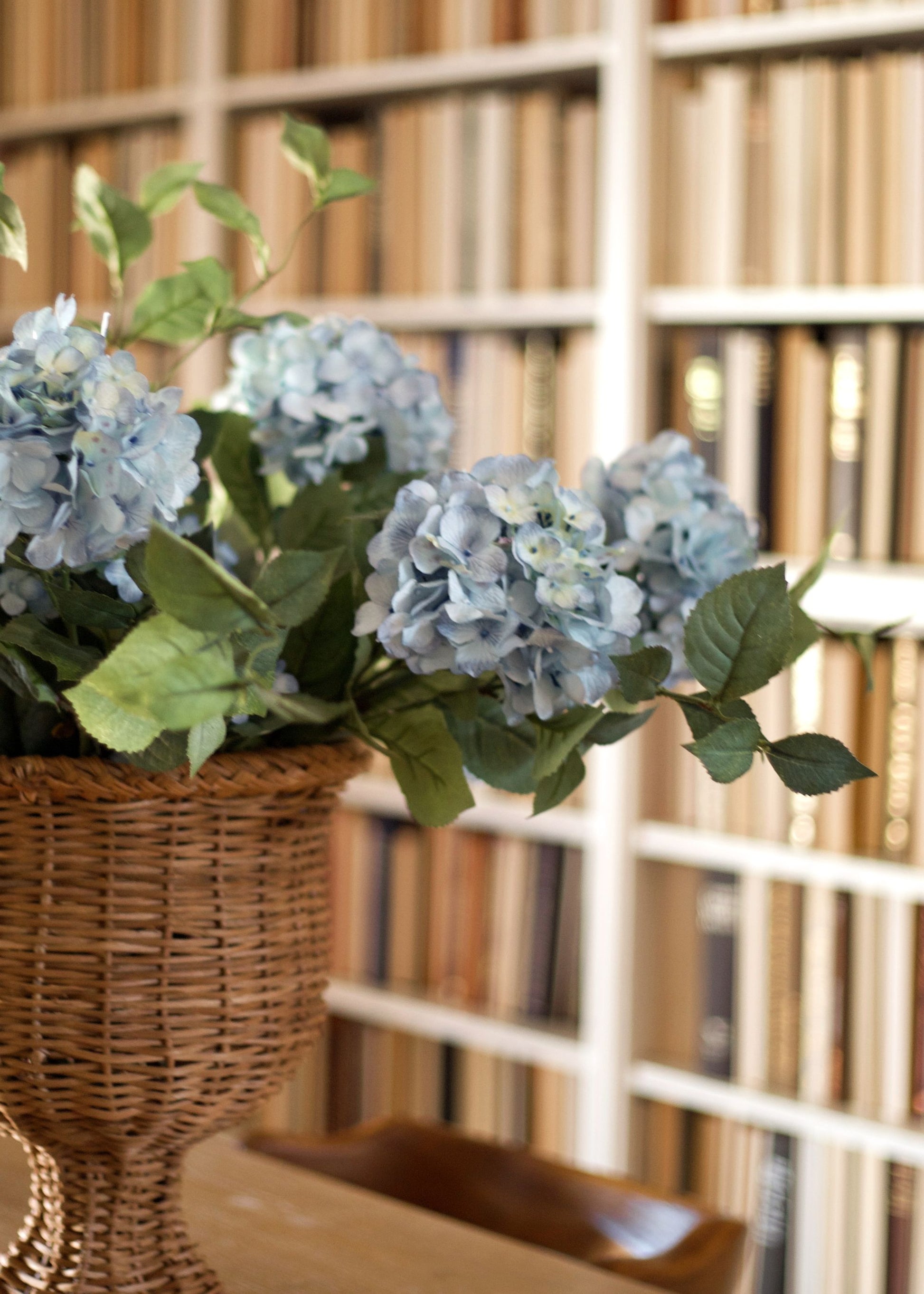 succulent and hydrangea bouquet Light Blue Hydrangea Basket Tabletop Design